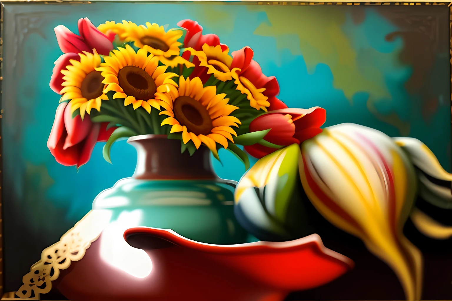 an oil painting of a bouquet of roses, tulips, lilies and sunflower, placed on a vase, in a middle-age european baroque interior setup