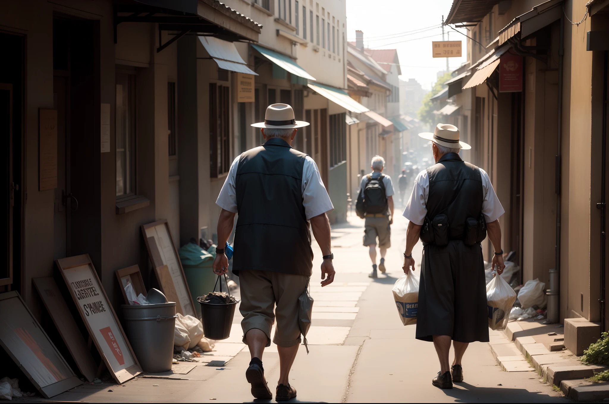 An old man picks up garbage on an old street,Afternoon sun, From the side Side, Atmospheric perspective, Depth of field, Cinematic lighting, Ray tracing, god light, hyper HD, Masterpiece, Super detail, High details, Best quality,Hyper-realistic,CANON 35MM PRIME FOCUS,35mm focal length,shallowdepthoffield,hyper-high detail,16k,