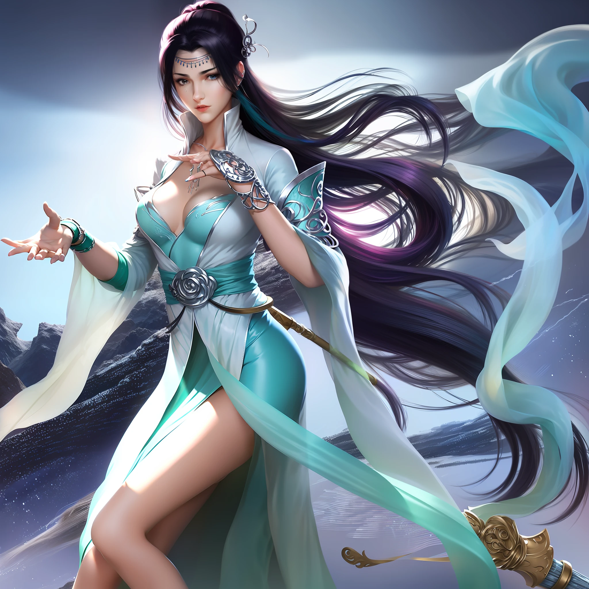 (best qualtiy,tmasterpiece:1.2),超高分辨率,realisticlying,Front lighting,Complicated details,Exquisitedetailsandtextures,1girll,独奏,(年轻),Facial highlights,The upper part of the body,Detal Face,tear-mole,white skinned,Black color hair,pony tails,pigtails,looking at viewert,largeeyes,Silk robes,(Openwork pattern,white colors,silkouette),耳Nipple Ring,mediuml breasts,slimfigure,Deluxe Room,profesional lighting,photon maping,Radio City,physically-based renderingt,