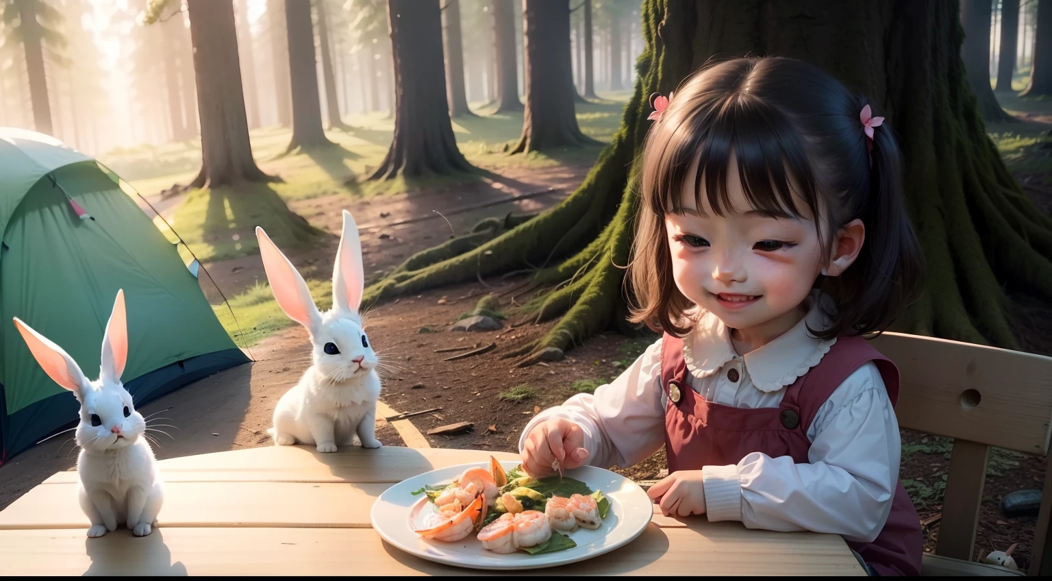 A with delicate and beautiful facial features is camping in the forest,On the table in front of her was a plate of shrimp and a plate of fish,The little girly smile on her face,There is a small white rabbit next to the table,The background is a tree