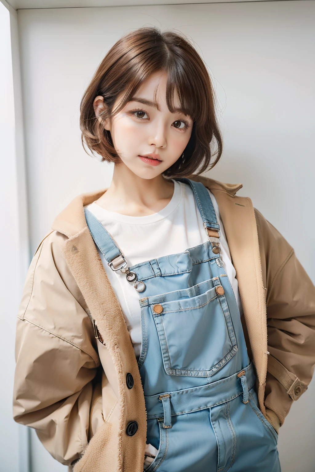 ((masutepiece, of the highest quality, High Definition)),Create an image of a college girl standing in front of a white background, Wear overalls. Her attire should include a coat of décolleté, Jodhpur, And jackets. Styling her in 1990s fashion, Influence on Chie Yoshii's style, Incorporate overalls for a cute look. Her hairstyle should be boyish short hair with a perm,short bangs ,Has an orange-brown hair color."