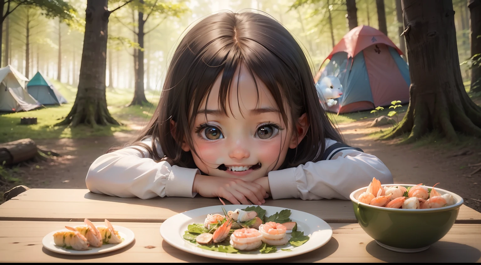 A  with delicate and beautiful facial features is camping in the forest，On the table in front of her was a plate of shrimp and a plate of fish，The little girl happy smile on her face，There is a small white rabbit next to the table，The background is a tree