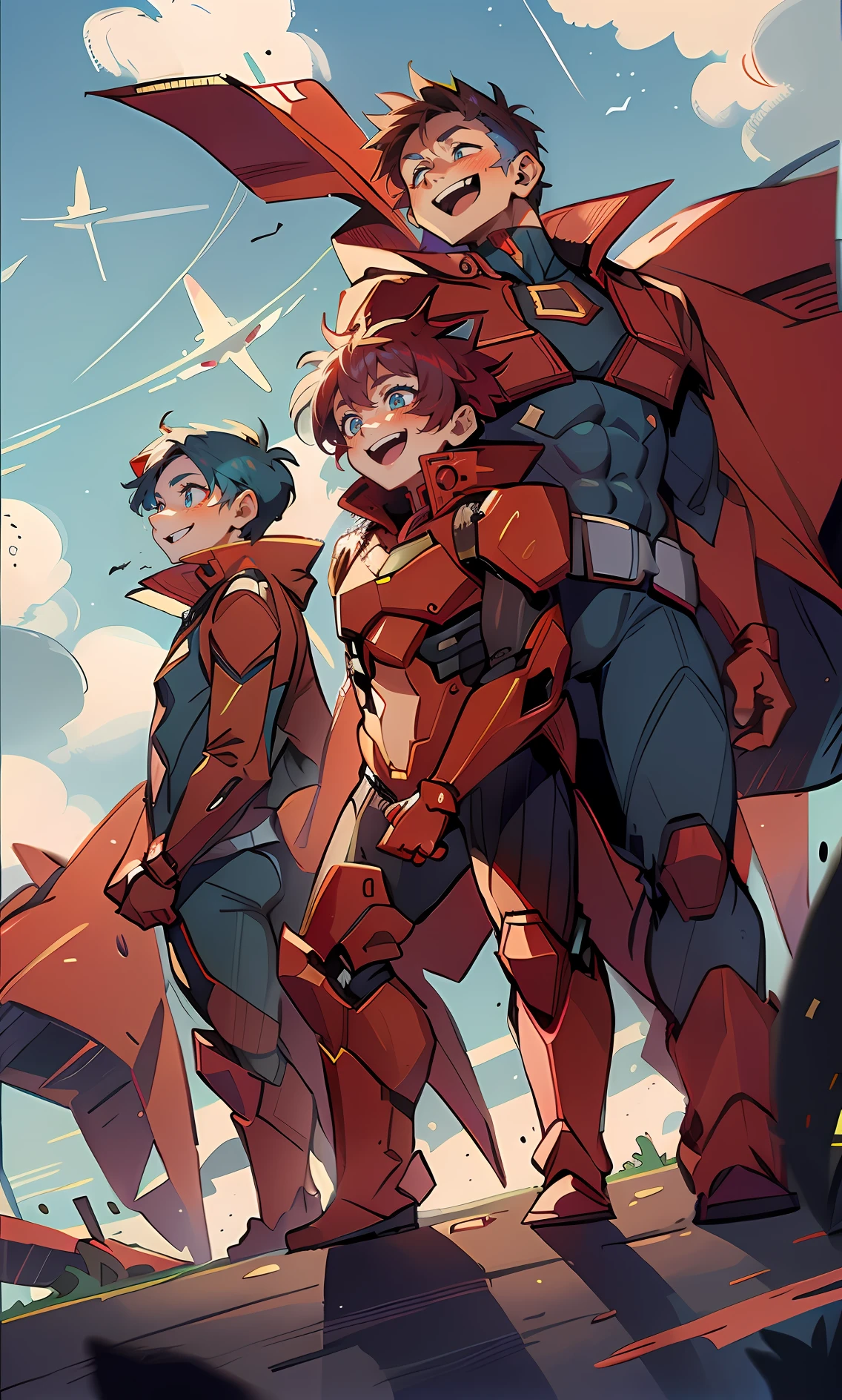 Three people:（The man on the left:blue  hair，Handsome and dashing，Wearing a red mech，happy laughing，）（The man in the middle:redheadwear，Handsome guy，Wearing a red mech，）（The man on the right，brunette color hair，Handsome，A smile of relief，Have a strong figure，Wearing a red-black mech，）（best illuminate，Best shadow，）The picture atmosphere is good，Fly in the sky，Pink sky，