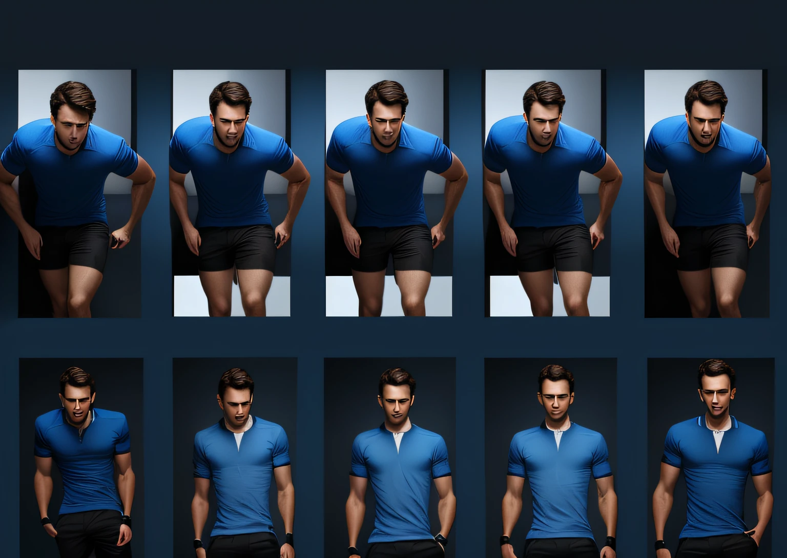 a close up of a person standing in a blue shirt and shorts, sharp, detailed, nice face