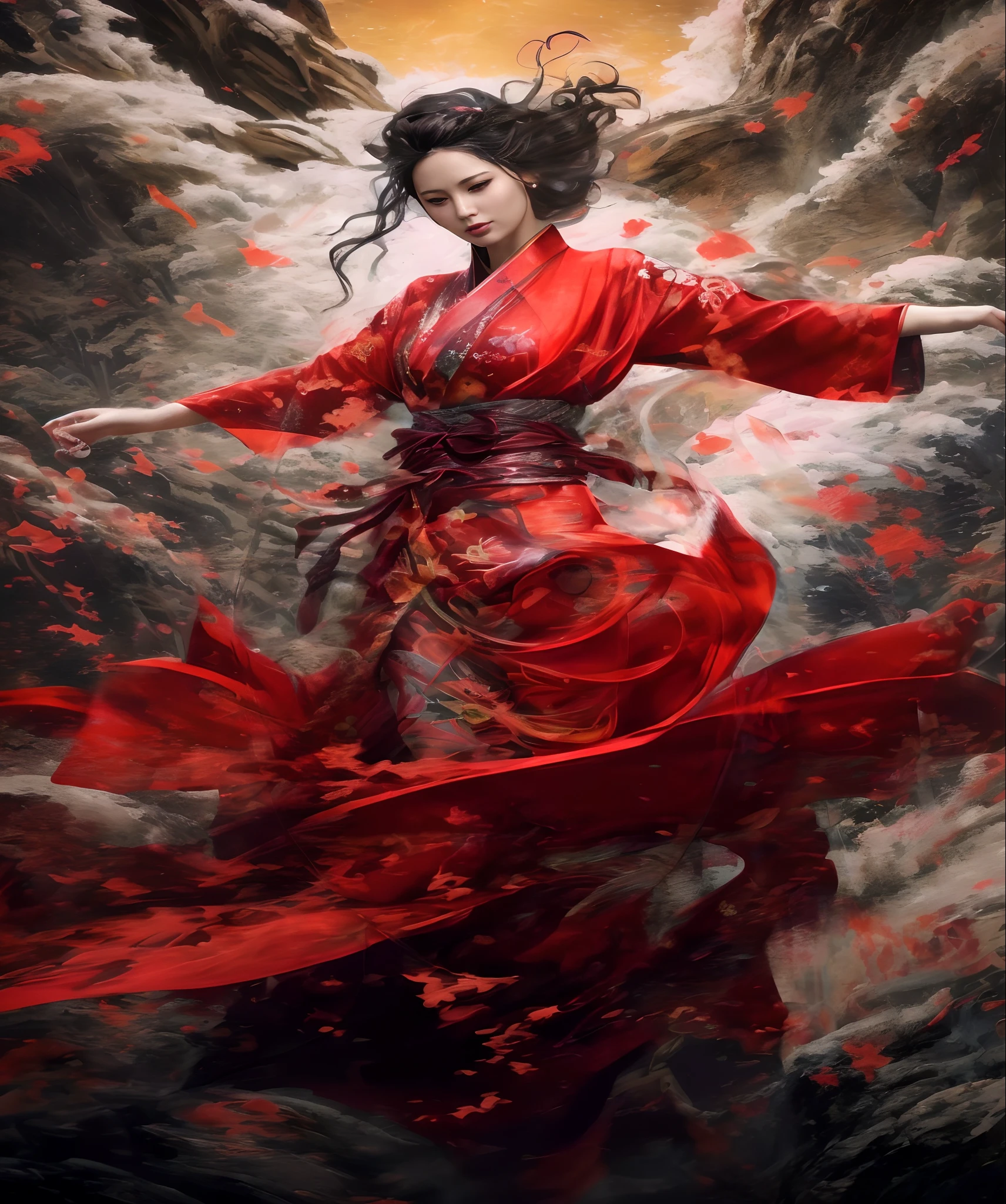 painting of a woman in a red dress in a mountain, red kimono, beautiful digital artwork, style of raymond swanland, karol bak uhd, graphic artist magali villeneuve, alice x. zhang, ross tran 8 k, by Yang J, style of karol bak, inspired by Magali Villeneuve, beautiful character painting, red robes