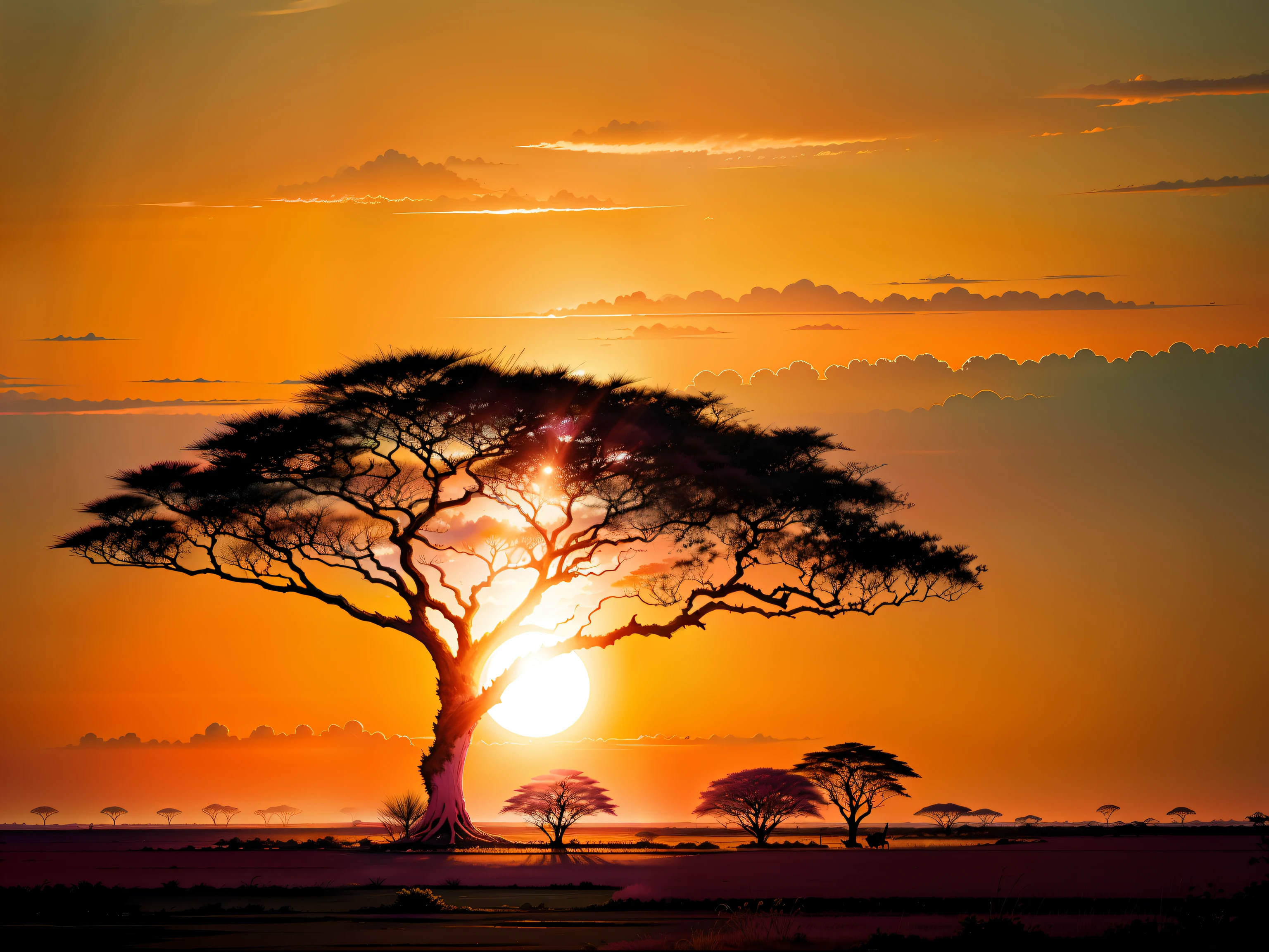 an orange、pink there、Yellow blends to fill the sky、The sunset over the savannah is truly mesmerizing。1It is a dynamic and breathtaking scene with the book tree gently swaying。Embrace a calm atmosphere、Peace washes you。