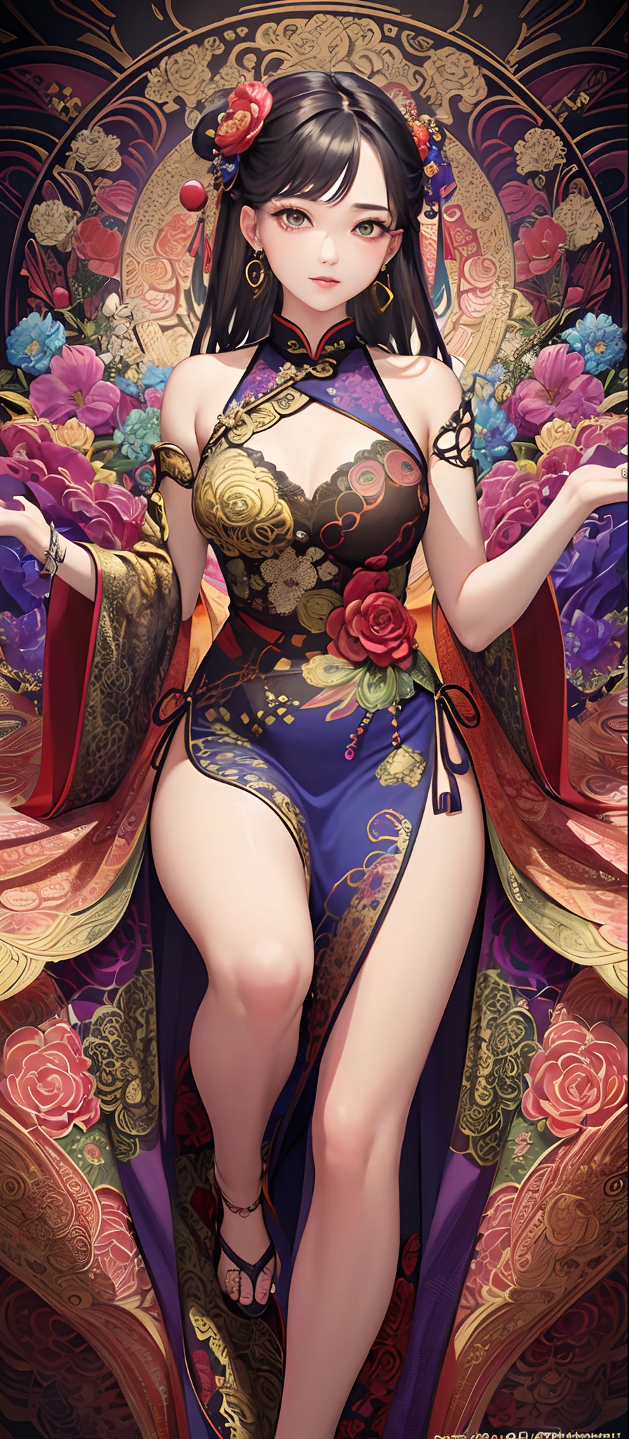 (masterpiece, top quality, best quality, official art, beautiful and aesthetic:1.2), (1girl:1.3), extremely detailed,(fractal art:1.1),(colorful:1.1)(flowers:1.3),highest detailed,(zentangle:1.2), (dynamic pose), (abstract background:1.3), (chinese Traditional cloth:1.2), (shiny skin), (many colors:1.4), ,(earrings:1.4),