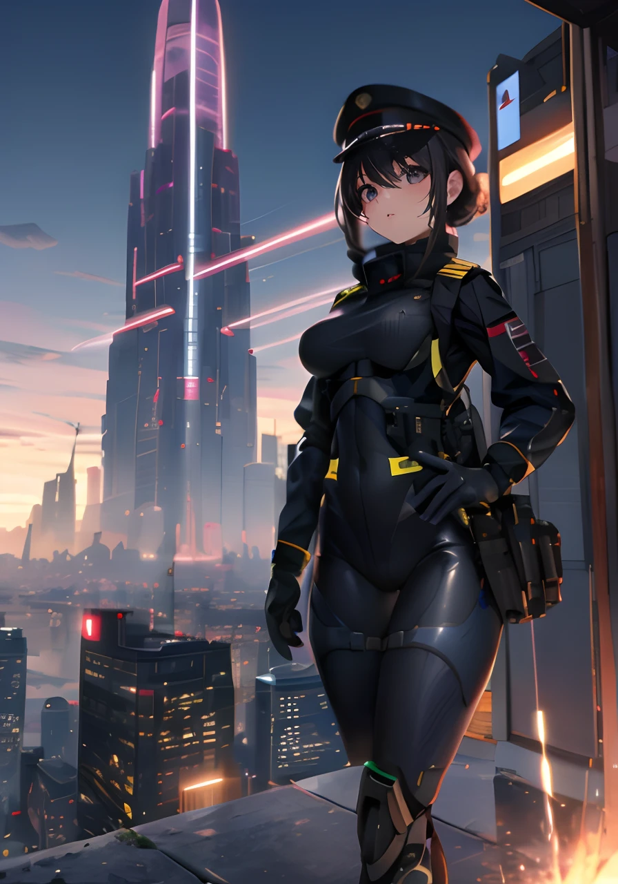 (Excelente, profissional, surreal), towering buildings rise from the ground to form a magnificent landscape of the futuristic city. Adolescente Usando uma arma, Usando roupas militar, Its arms are equipped with powerful energy weapons and are ready to meet the challenges of battle. vemos uma adolescente impressionante, destacando sua figura perfeita. Wearing miLitar clothes contrasts with the meta-like texture of the robot, showing a unique visual effect. The girl's firm and resolute eyes show that she is fearless (the girl is in good shape, usando roupas militares, mostrando o umbigo, peitos enormes) ((seios super enormes))