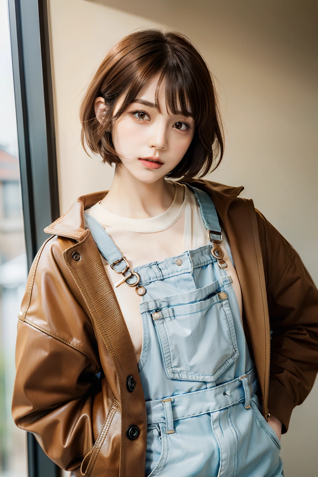 Boyish makeup, ((mash short cut, brown hair color, permanent hair))