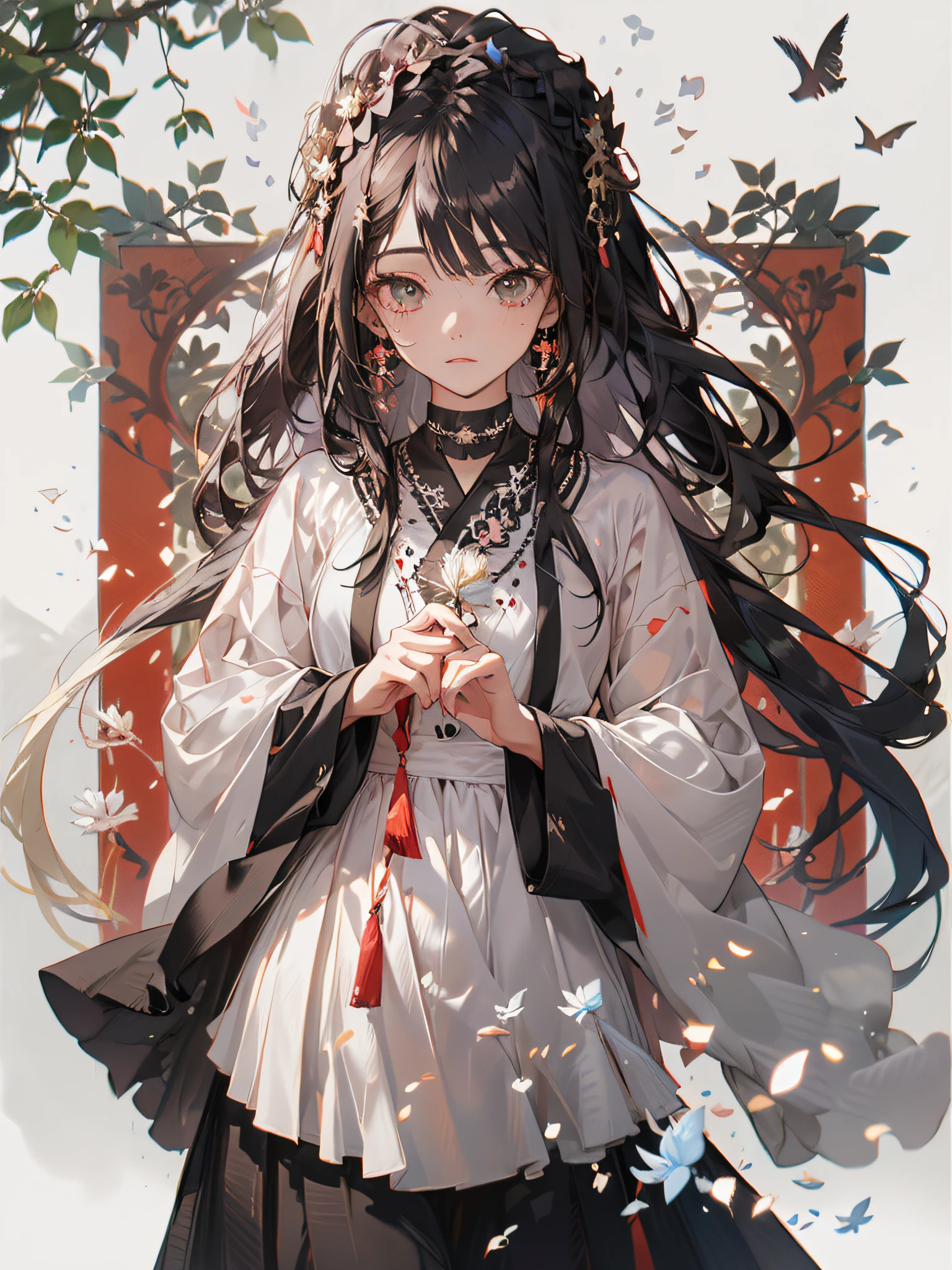 ((((((High image quality)))))),(((beautiful with detail))), High resolution 4K, ((Panoramic view)), (((ln the forest))), ventania, ((haori)), Amber pupils, solo person(teens girl), Gradient hair color, ((floated hair)), perfectly proportions,Conforms to anatomy, Bracelet, choker necklace, intricate headpiece, ear jewelry, SakuraNS, long whitr hair, dandelion, Dappled light and shadow, Blossom, Rich in graphics, complexdetails, High resolution 4K, in a panoramic view, tmasterpiece.