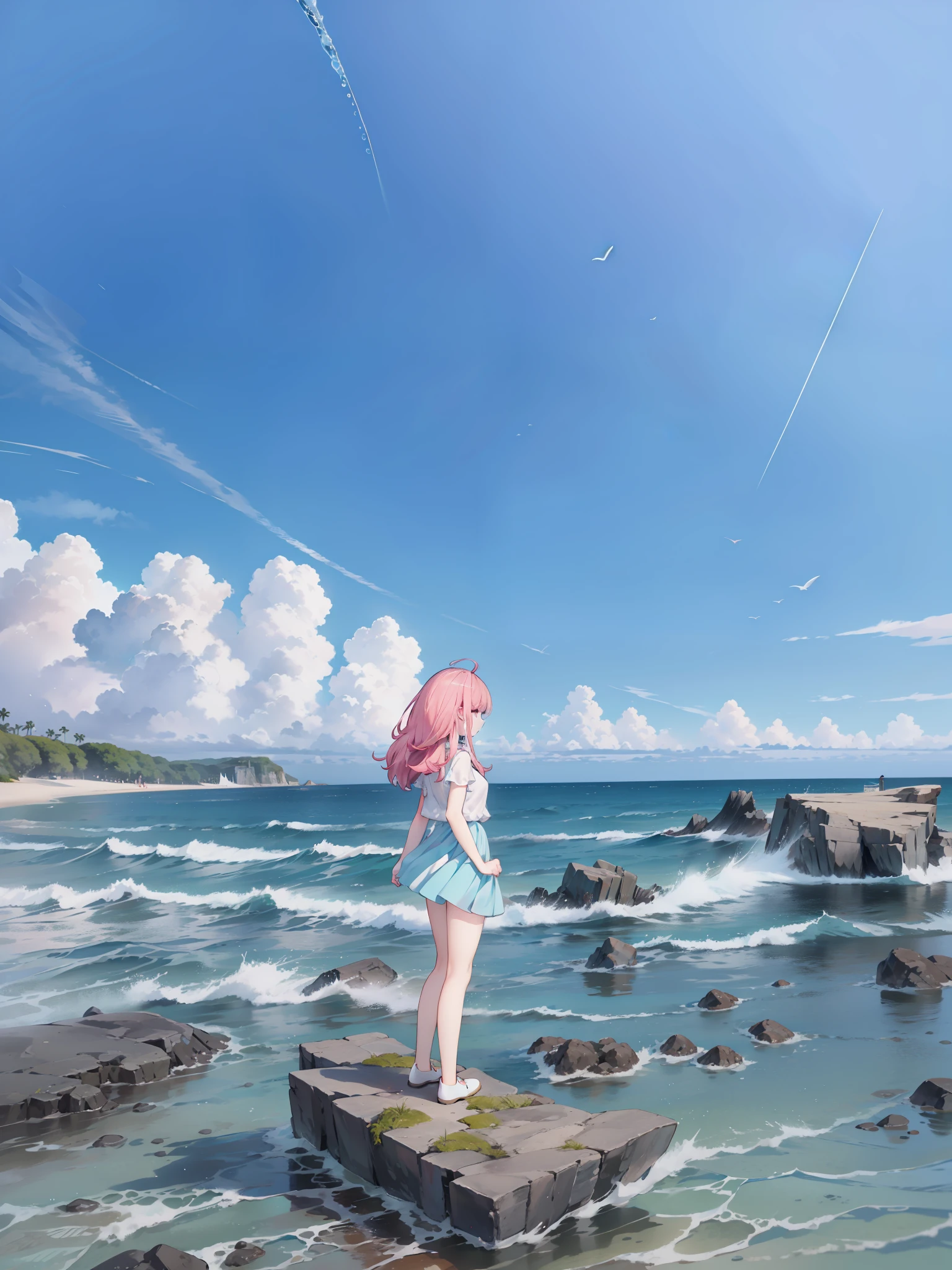 there is a woman standing on a rock in the water, the ocean in the background, the ocean in the background, near a jetty, standing on the sea side, standing under the sea, standing in shallow water, Have by the sea, on the ocean water, standing at the beach, standing on water, In a sea, sunny day with clear sky