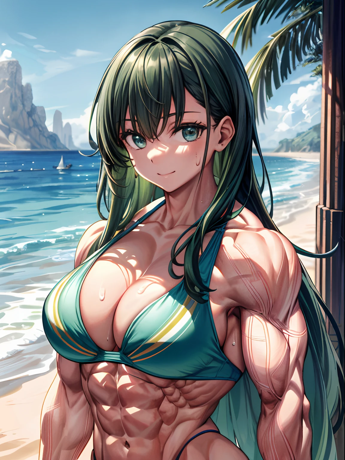(BEST lighting) , (ultra intricately detailed) , 4K unification, (super-detailed CG: 1.2) , (8K: 1.2),(Original), (Masterpiece) , (Best quality),(Masterpiece:1.4),Anime-ish high quality,(Masterpiece),Masterpiece, Best quality, absurderes,((masterpeace, 4K, 8K, Yes, A high resolution))1girll,ssmile, She was on the beach,Go to the beach, Swimsuit bra, Spring, , Perfect figure, Very robust,Long green hair with a shawl, Sweat, Dynamic pose, ((body builder:1.5)),Temple background,(Beautiful bace),(Girl),(Female),(((Upper body:1)))