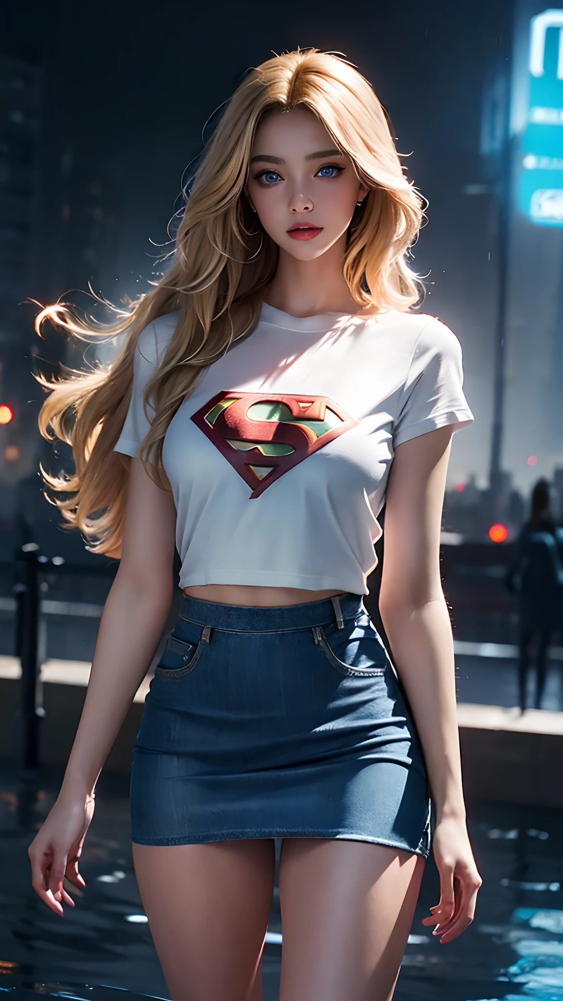 Beautiful woman with wavy blonde hair, delicate and charming blue eyes, thigh notch, sexy long legs, t-shirt in (jeans short skirt), with superman letter S, cute futuristic cyberpunk + city, mist, damp, rain, best quality masterpiece, realistic, detailed, 8k, HDR, shallow depth of field, wide light, high contrast, backlight, flood, flash, chromatic aberration,  sharp focus, RAW color photo, superman S symbol on the chest.