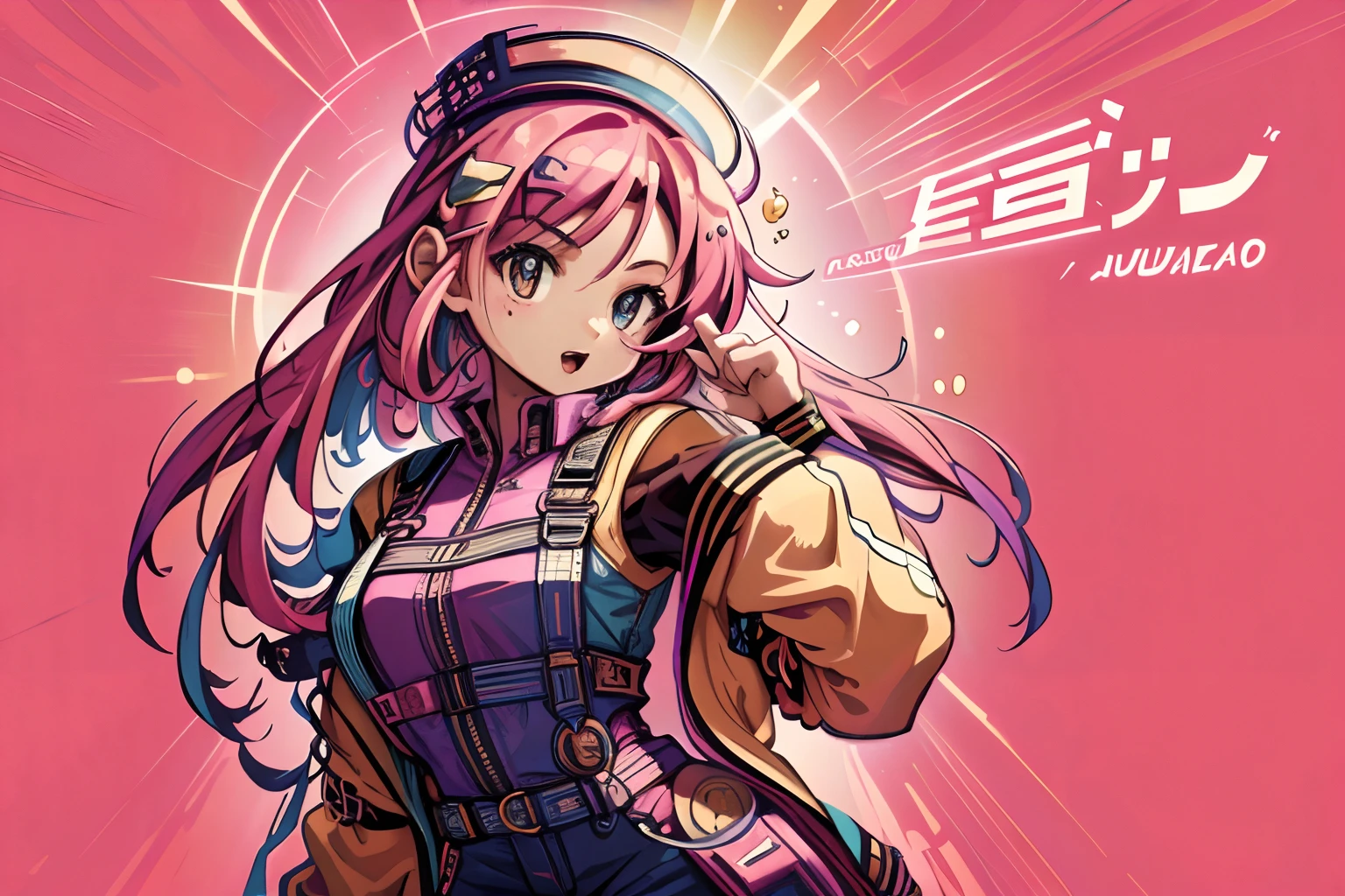 1girl, sfw, cap, shorts, jacket, (Magazine cover-style illustration of a fashionable woman in a vibrant outfit posing in front of a colorful and dynamic background. She has a confident expression and is striking a pose. The text on the cover should be bold and attention-grabbing, with the title of the magazine and a catchy headline. The overall style should be modern and trendy, with a focus on fashion and lifestyle), wallpaper, crowds, fashion, contrapposto, female focus, model, cool