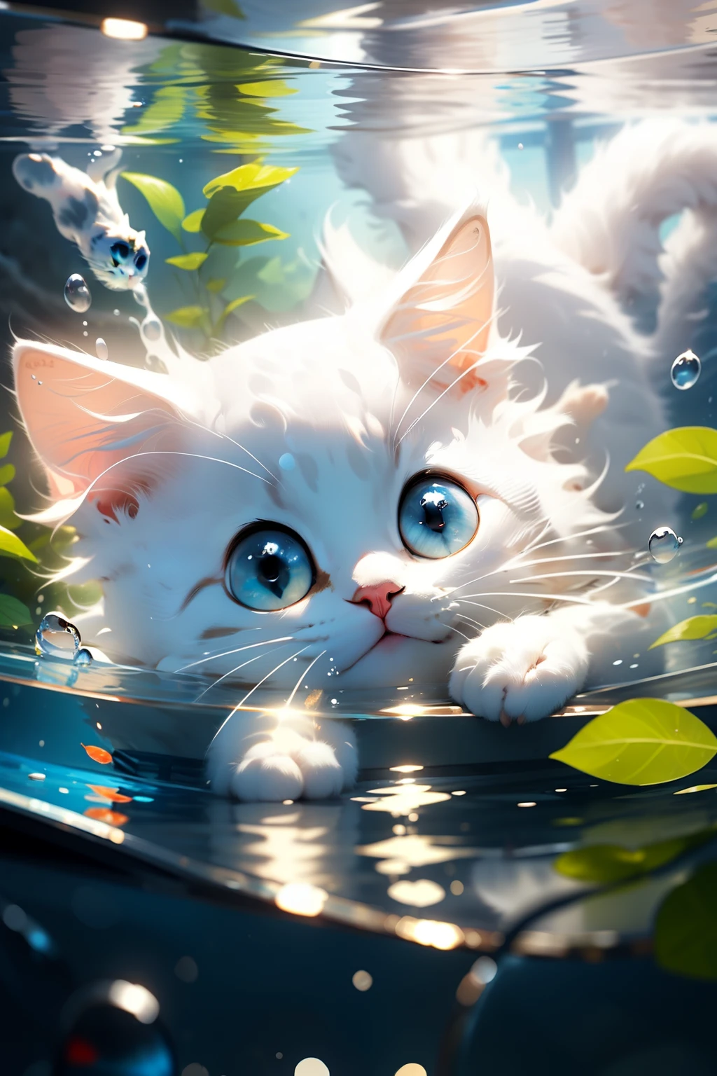 Cute white kitten，shaggy，realisticlying，Best picture quality，fish tank，Water surface reflection，eBlue eyes