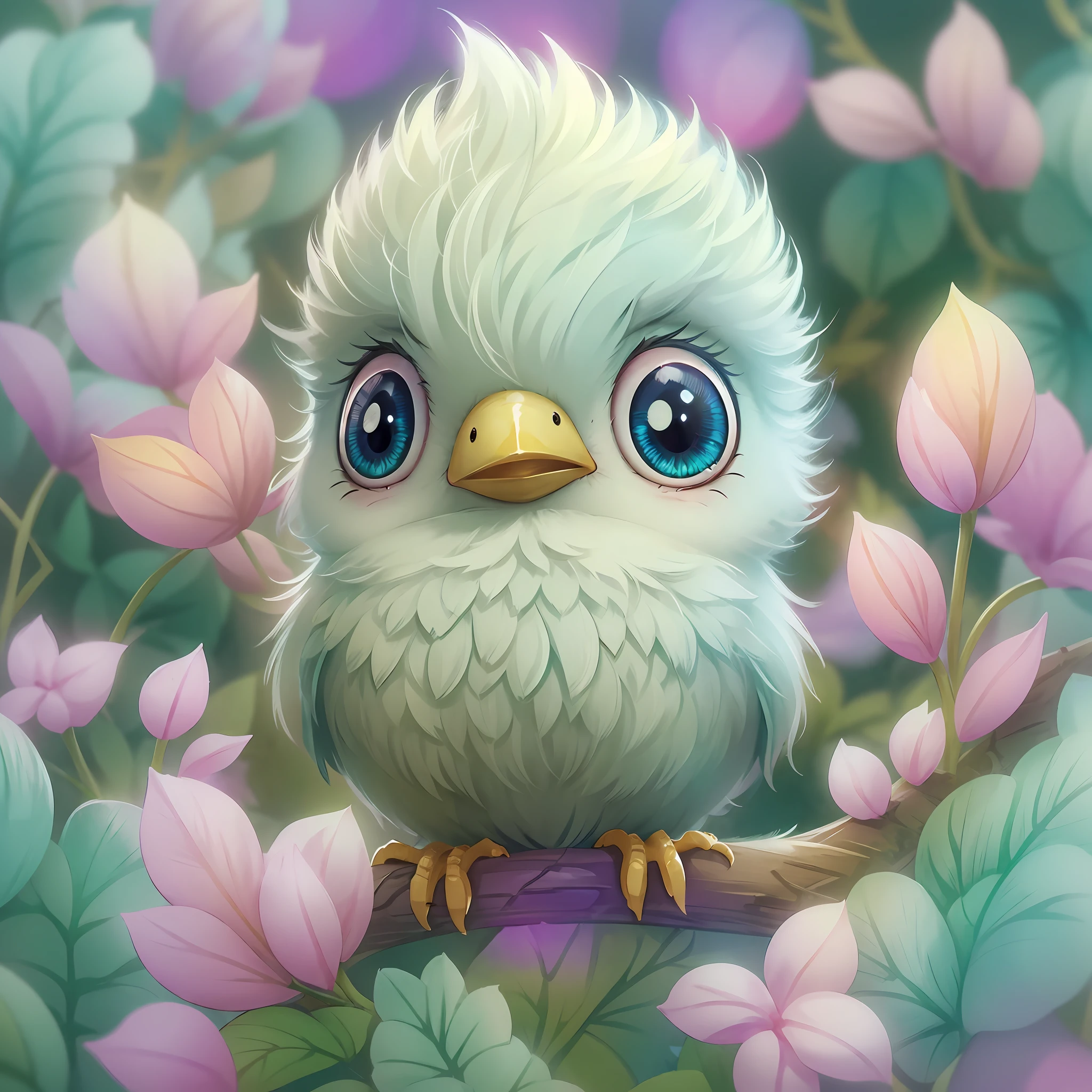 digital Illustration of a cute stylized fantasy baby bird character,Front View, style of studio ghibli, fluffy, Photoreal rendering,pixar style, ultra detailed, Intricate, full shot, full body shot, front view, by Anne Stokes, facing toward camera, front angle, very big and cute eyes, big peak, centered, adorable, loish, cute and quirky, watercolor effect, retro aesthetic, lovely, whimsical, smooth, soft lighting, detailed Illustration, 3d vector art, t-shirt design, pastel tetradic colors, graffiti effect,bird's eye