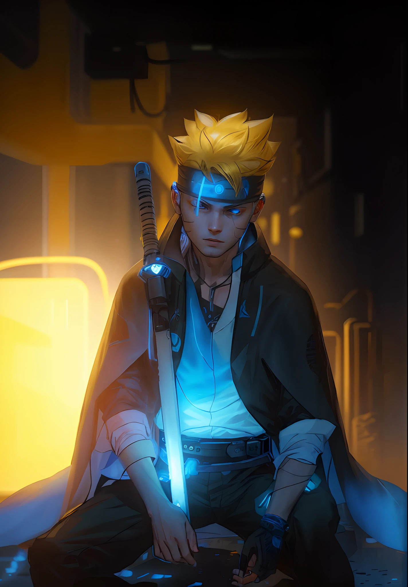 1boy, blue eyes, ninja headband, yellow hair, white shirt, black cape, standing on the street, cyberpunk 2077, complex background, night, neon lights, dramatic light,