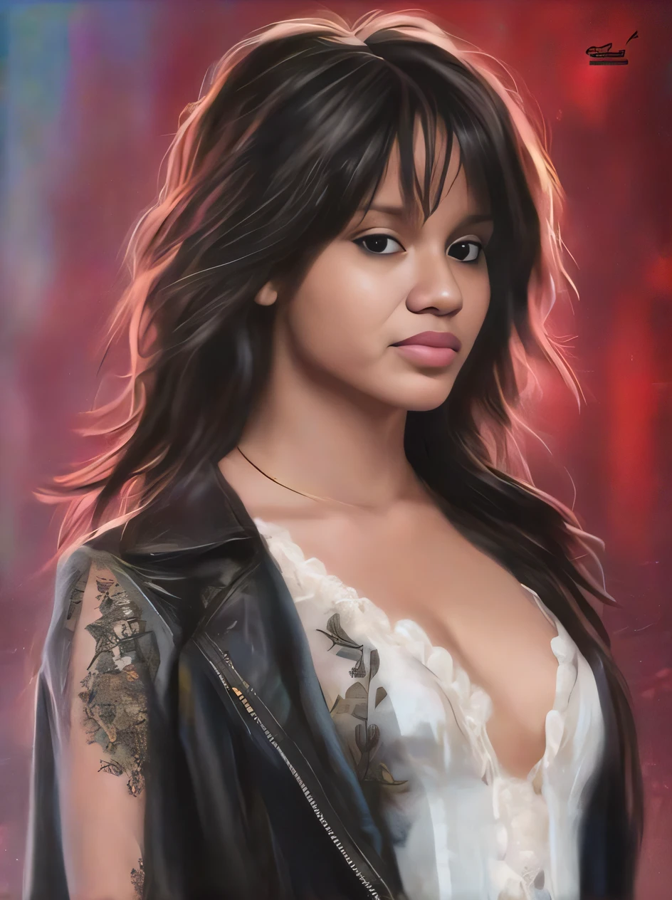 uma pintura de uma mulher com cabelos longos e uma jaqueta de couro, Retrato de Vanessa Morgan, pintura digital sensual, lindo pintura digital, pintura digital impressionante, pintura realista da bonito, pintura digital fotorrealista, pintura digital realista, airbrush digital oil painting, Fanart, pintura digital brilhante, pintura digital bonita, pintura realista bonita, pintura de personagem bonita, photorealistic fan art