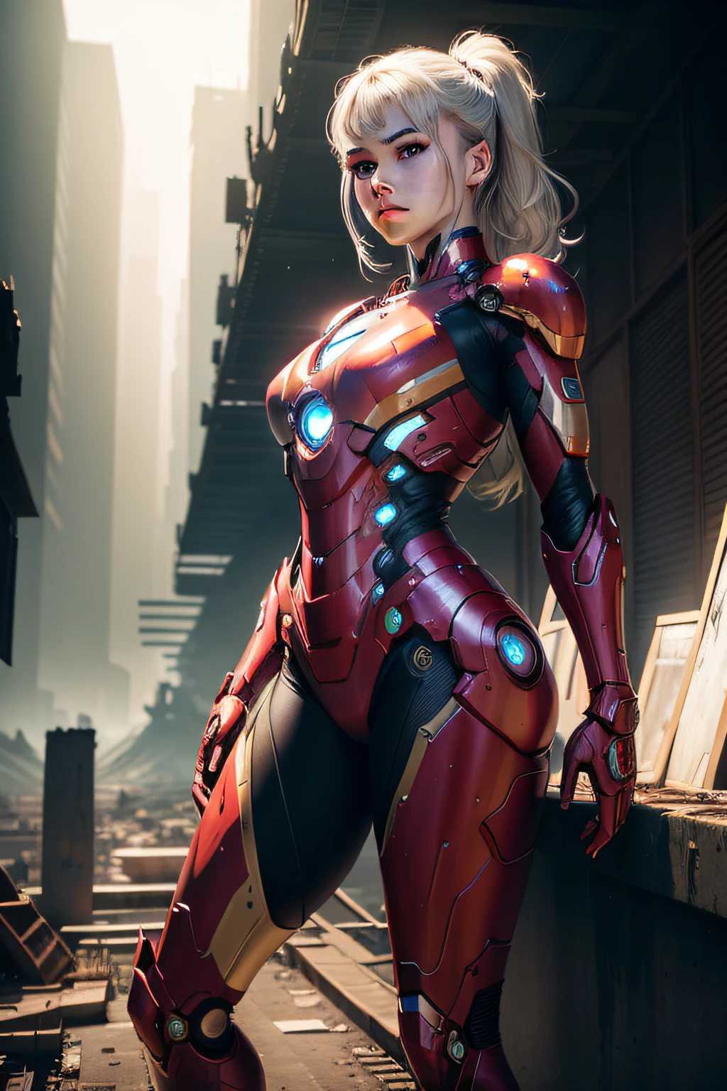 RAW, Masterpiece, Ultra Fine Photo,, Best Quality, Ultra High Resolution, Photorealistic, Sunlight, Full Body Portrait, Stunningly Beautiful,, Dynamic Poses, Delicate Face, Vibrant Eyes, (Side View) , she is wearing a futuristic Iron Man mech, red and gold color scheme, highly detailed abandoned warehouse background, detailed face, detailed and complex busy background, messy, gorgeous, milky white, high detailed skin, realistic skin details, visible pores , sharp focus, volumetric fog, 8k uhd, dslr camera, high quality, film grain, fair skin, photorealism, lomography, sprawling metropolis in futuristic dystopia, view from below, translucent