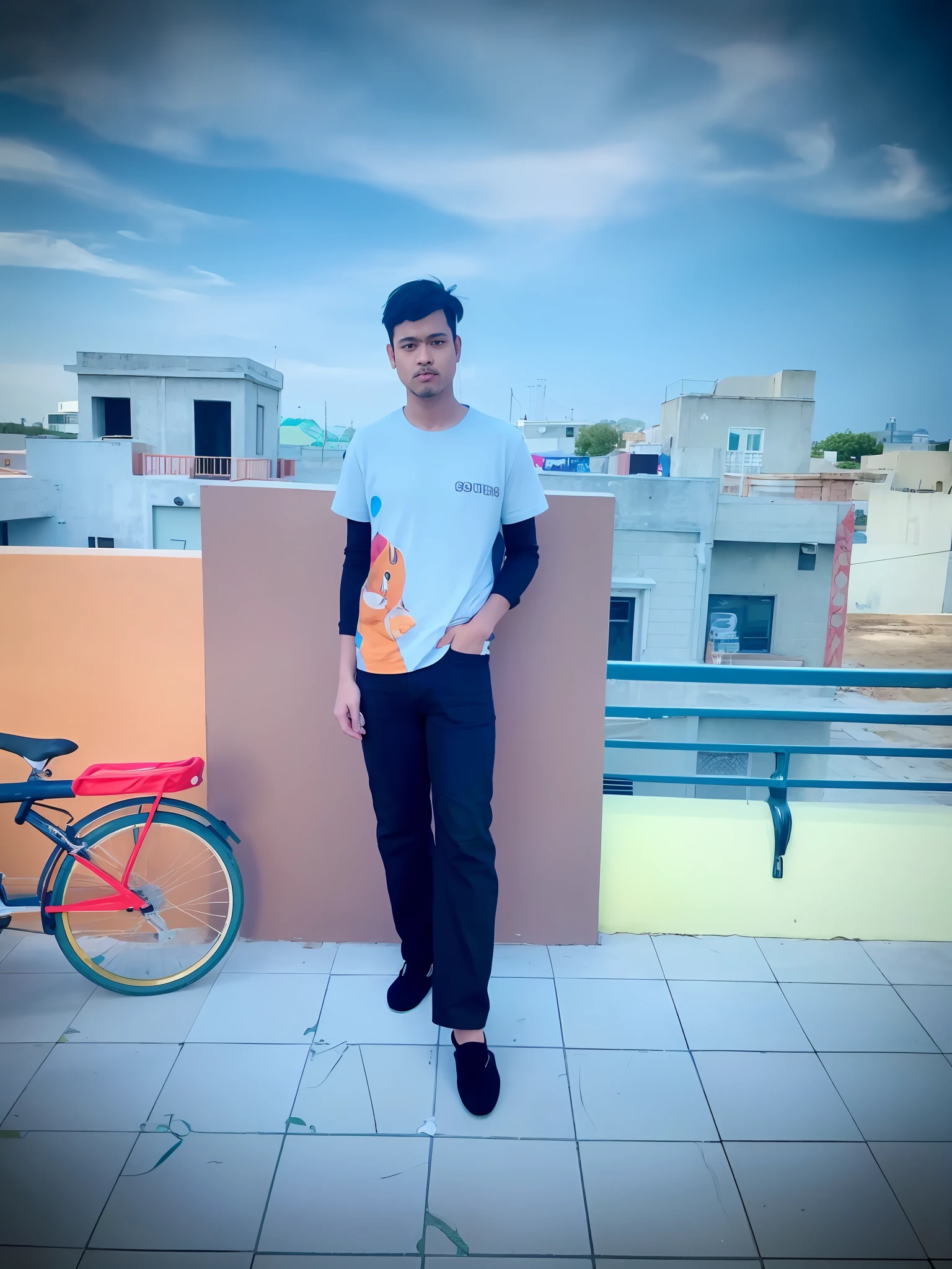 there is a man standing on a roof with a bike, full body picture, full body photogenic shot, with a cool pose, very artistic pose, very very low quality picture, stylish pose, full body portrait shot, taken with canon 8 0 d, wearing pants and a t-shirt, edited in photoshop, !! low contrast!!, distant full body view
