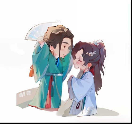 Caricature standing side by side, flowing hair and long robes, High-quality fanart, kissing together cutely, Wearing ancient Chinese clothes, Order of mountains and rivers,QQ portrait