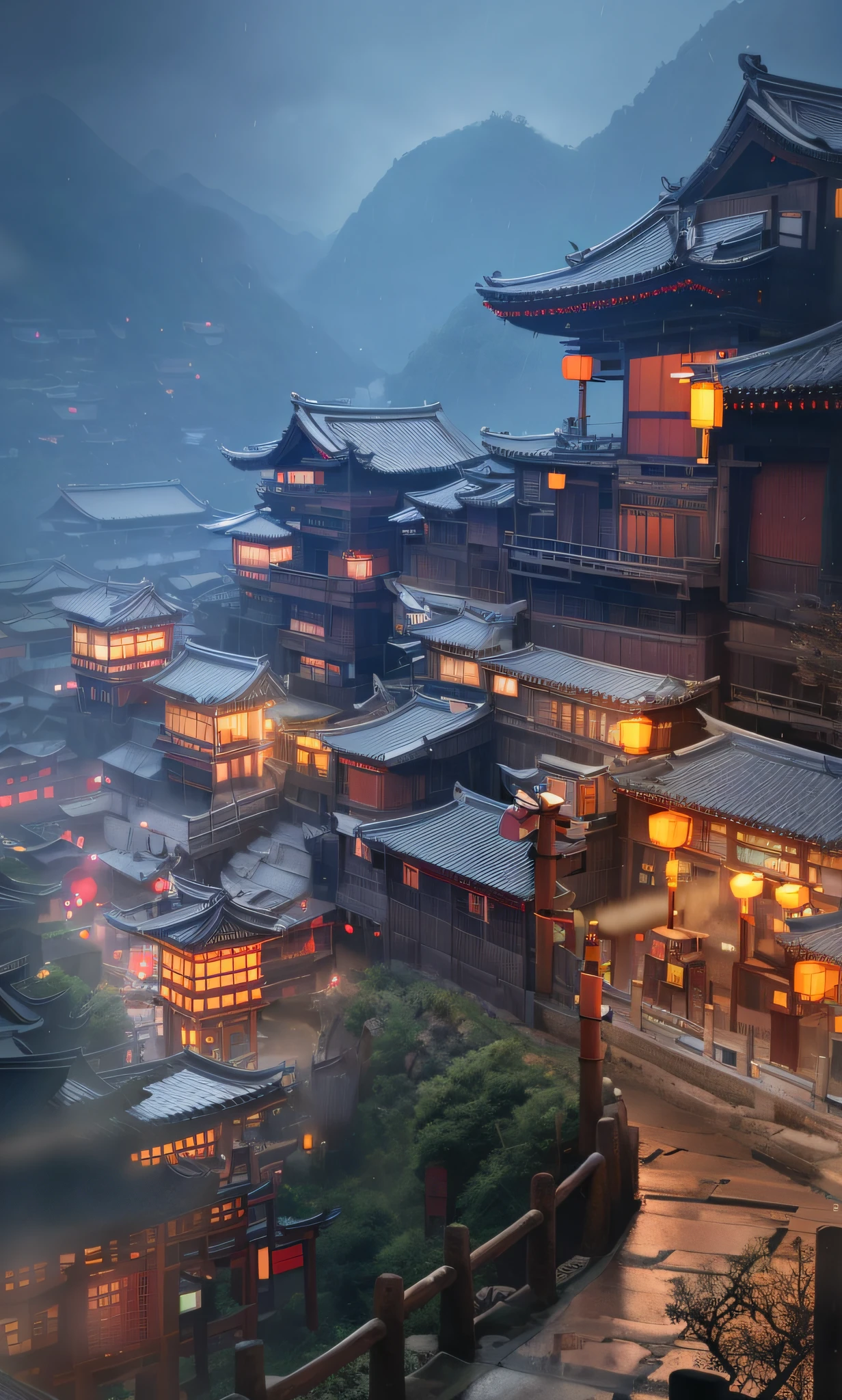 arafed view of a village with a lot of lights on the buildings, dreamy chinese town, chinese village, amazing wallpaper, japanese town, japanese village, hyper realistic photo of a town, old asian village, japanese city, by Raymond Han, rainy evening, cyberpunk chinese ancient castle, beautifully lit buildings, at evening during rain, beautiful and aesthetic, photography, cinematic, 8k, high detailed ((Heavy rain)))