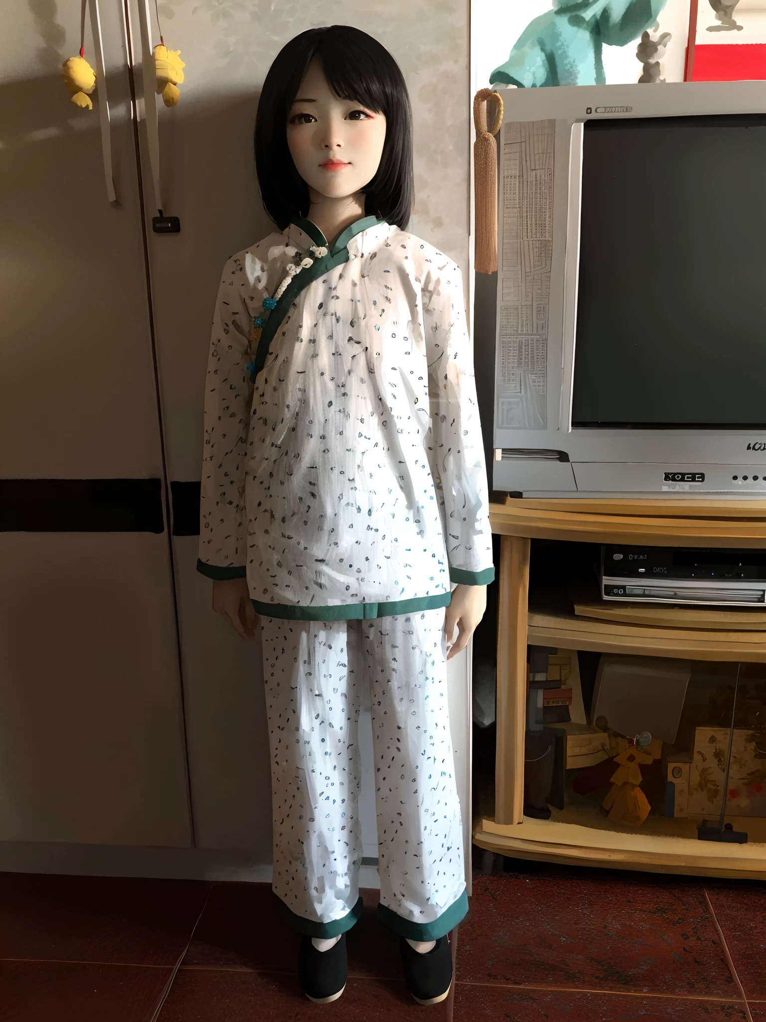 There was a doll standing in front of the TV, Chinese costume, with acient chinese clothes, height of 165cm, Japanese clothes, 155 cm tall, porcelain japanese mannequins, traditional tai costume, Chinese dress, tai costume, Traditional Chinese clothing, full - body - front - shot, wearing pajamas, damaged japanese clothes, Cheongsam