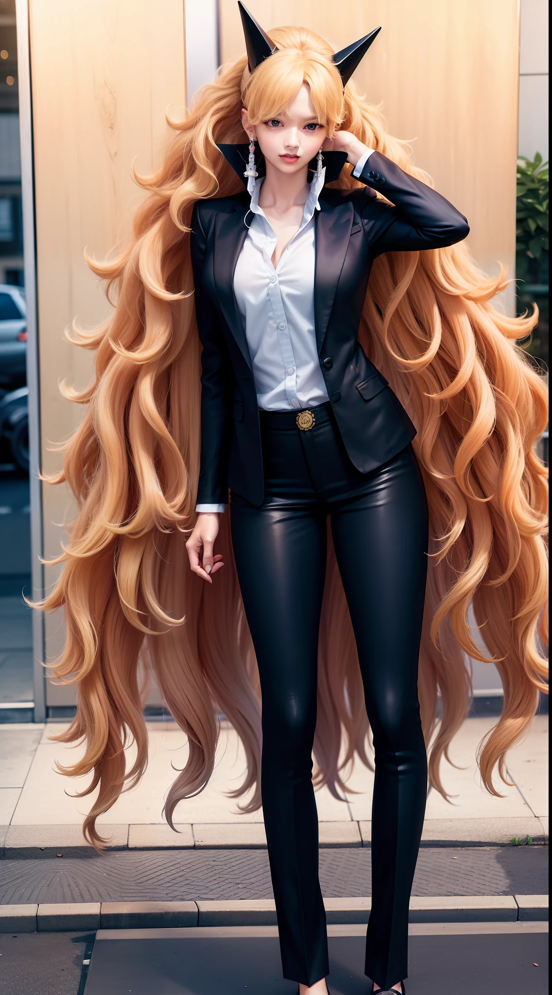 sadi from anime one piece, long hair, blonde hair, curly hair, beautiful, beautiful girl, tall girl, perfect body, full body, thin smile, standing, wearing formal dress, formal black shirt, black pants, black blazer, wearing blazer , wearing earrings, wearing a watch, being in a public place, being in tokyo city, being on the roadside, portrait photo, hd quality, 8k, clean image, hd image, raw photo