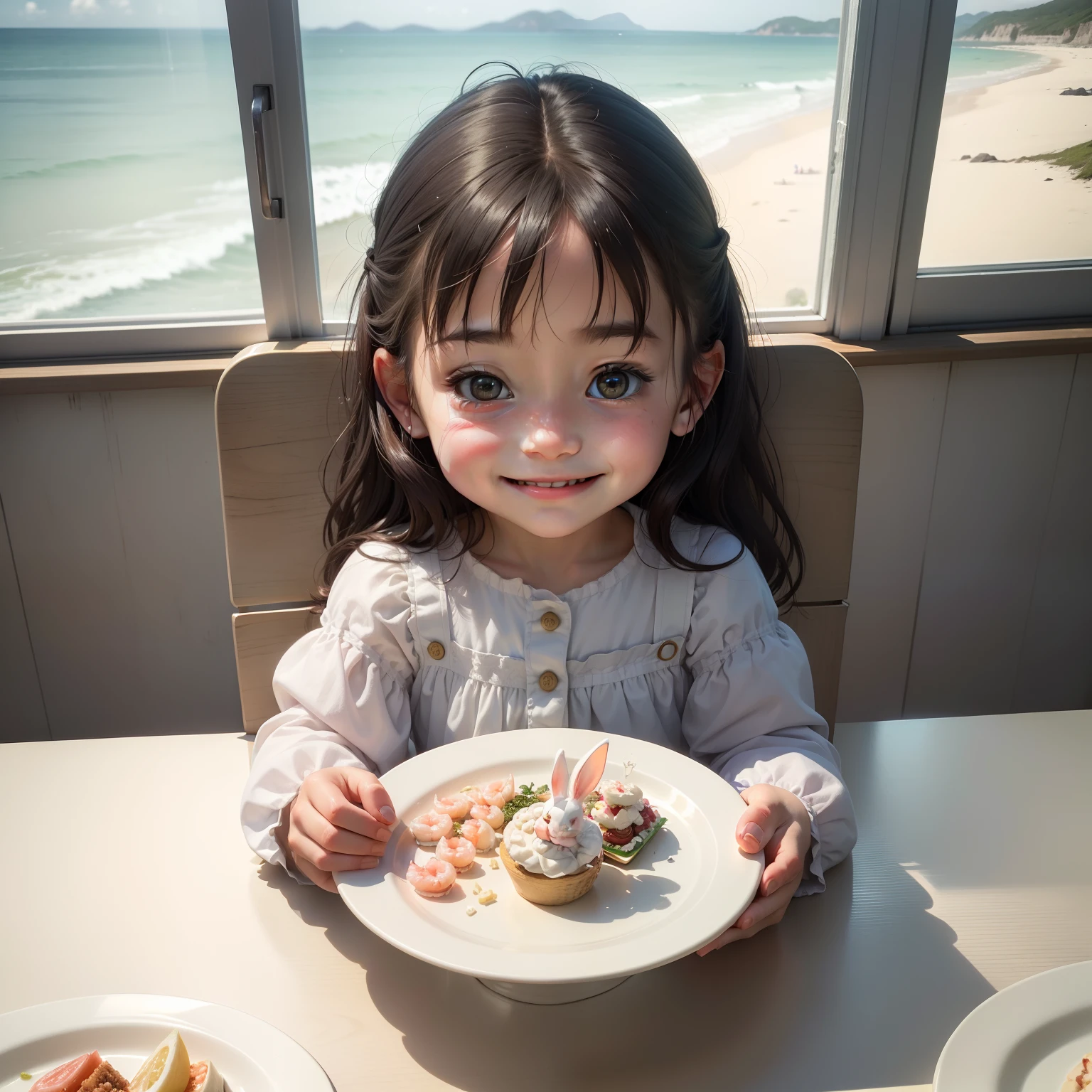 A with delicate and beautiful facial features,On the table in front of her was a plate of shrimp、A plate of fish and a pile of sweets,The little girly smile on her face,There is a little white rabbit next to the table,The background is a window,Sea view from the window