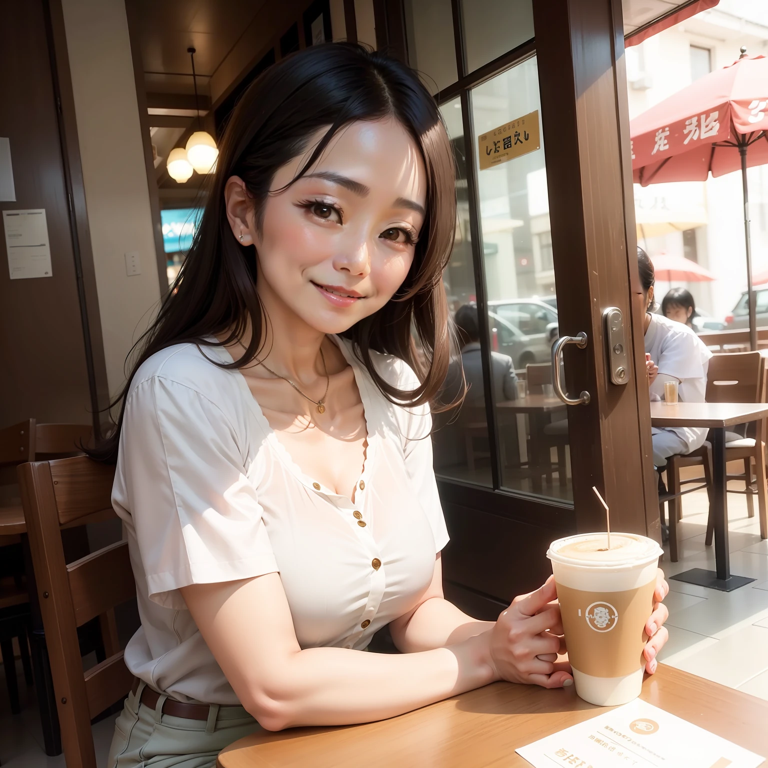 Actress Machiko Ono is in a café on holiday。a smile。