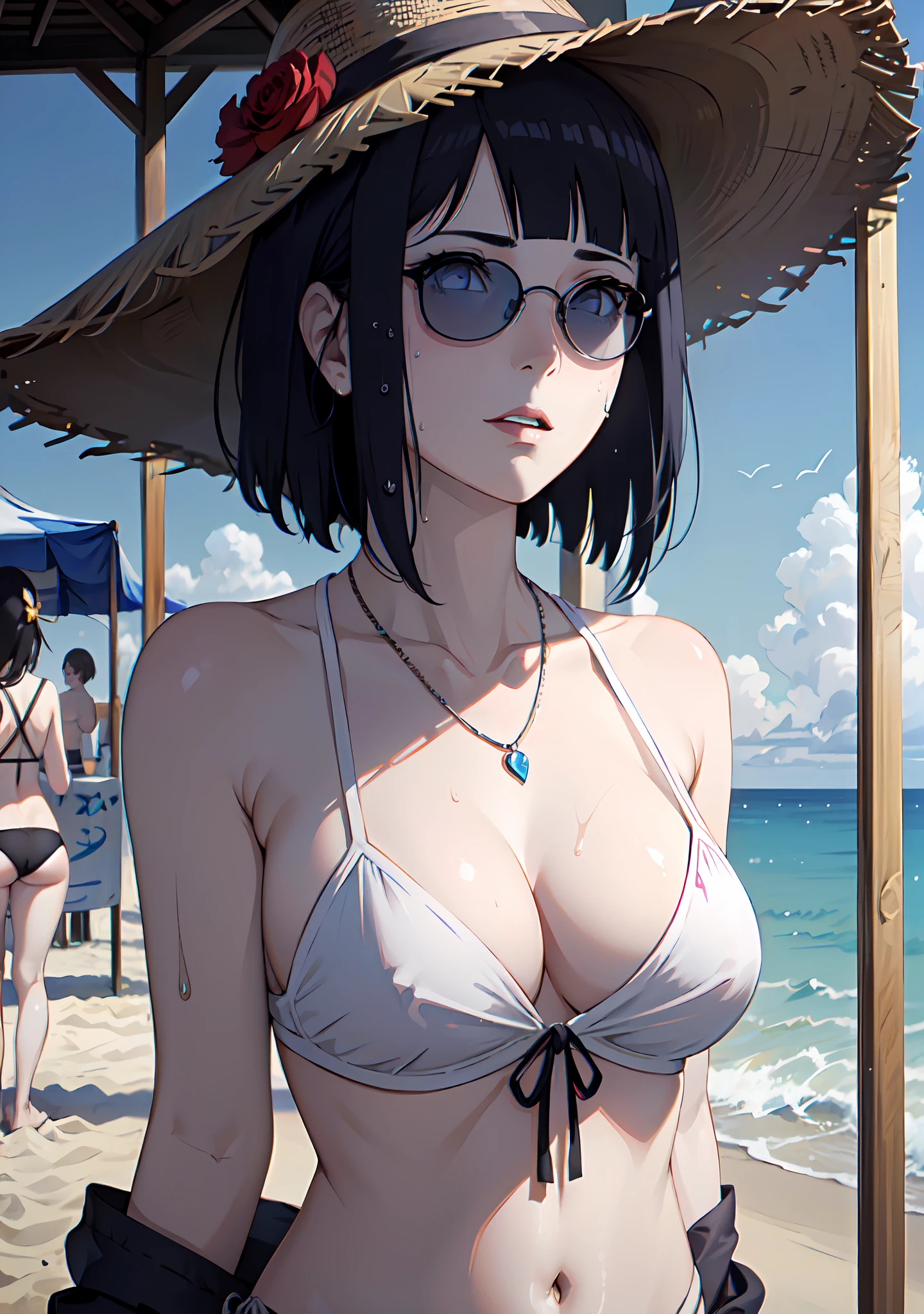 (masterpiece:1.2, best quality), (1lady, solo, upper body:1.2), Clothing: white bikini, wide-brimmed hat, strappy sandals, Accessories: shell necklace, tinted sunglasses, Hair: loose beach wavy, Makeup: natural, glowing skin, Behavior: relaxed, carefree, free-spirited, Location: beach, resort, outdoor festival, large breasts, soaking wet, (beautiful detailed face, beautiful detailed eyes), (sunbeam, sunlight, rose, wind)