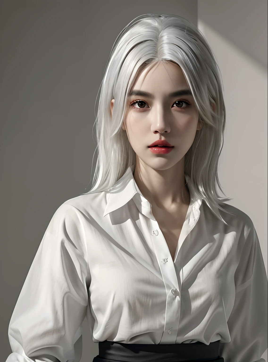 1girl, ((upper body, narrow waist, girl, white hair, black eyes)), (front view, from front), looking at viewer, Best quality, masterpiece, ultra high res, (photorealistic:1.4), 8k, clean, (incredibly absurdres, ultra-detailed,CG ,unity ,8k wallpaper), (detailed face :1.4),(beautiful detailed eyes :1.2),(detailed hair), light on face, cinematic lighting, perfect face, lips, adult, solo, white collared shirt, black skirt,(( wheaten skin, real skin))