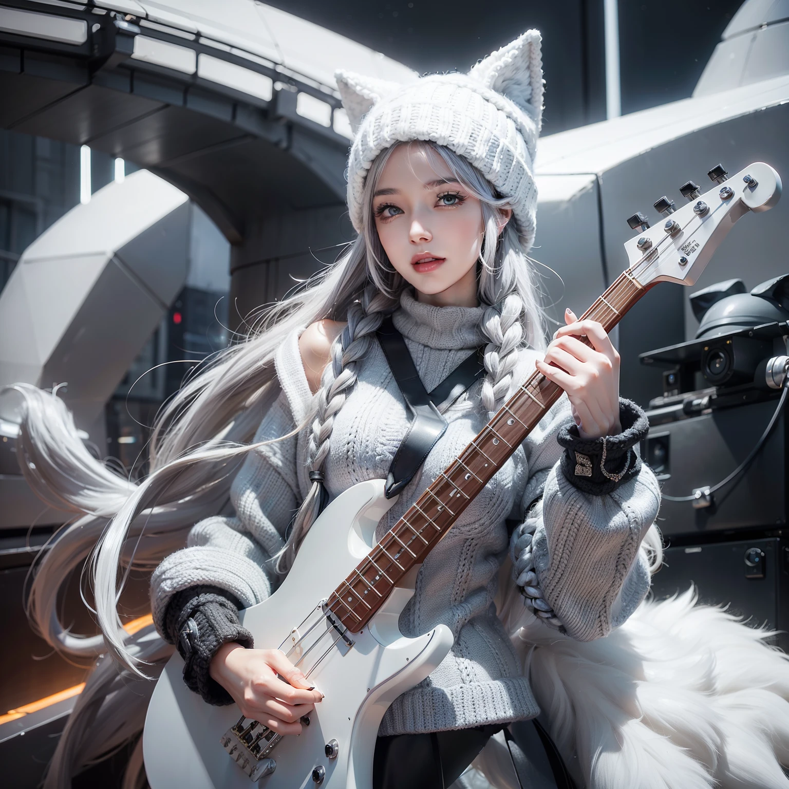 Seductive woman happy with hands raised　Perfect beauty　Beautiful white skin　beautidful eyes　Look at viewers　Lustrous lips　Lovely smile　gray hair in braids　Knitted hat with a wolf face　Have an electric bass guitar　is standing　Futuristic lollipop costume designed in black and white　Functional　head phone　spaceships