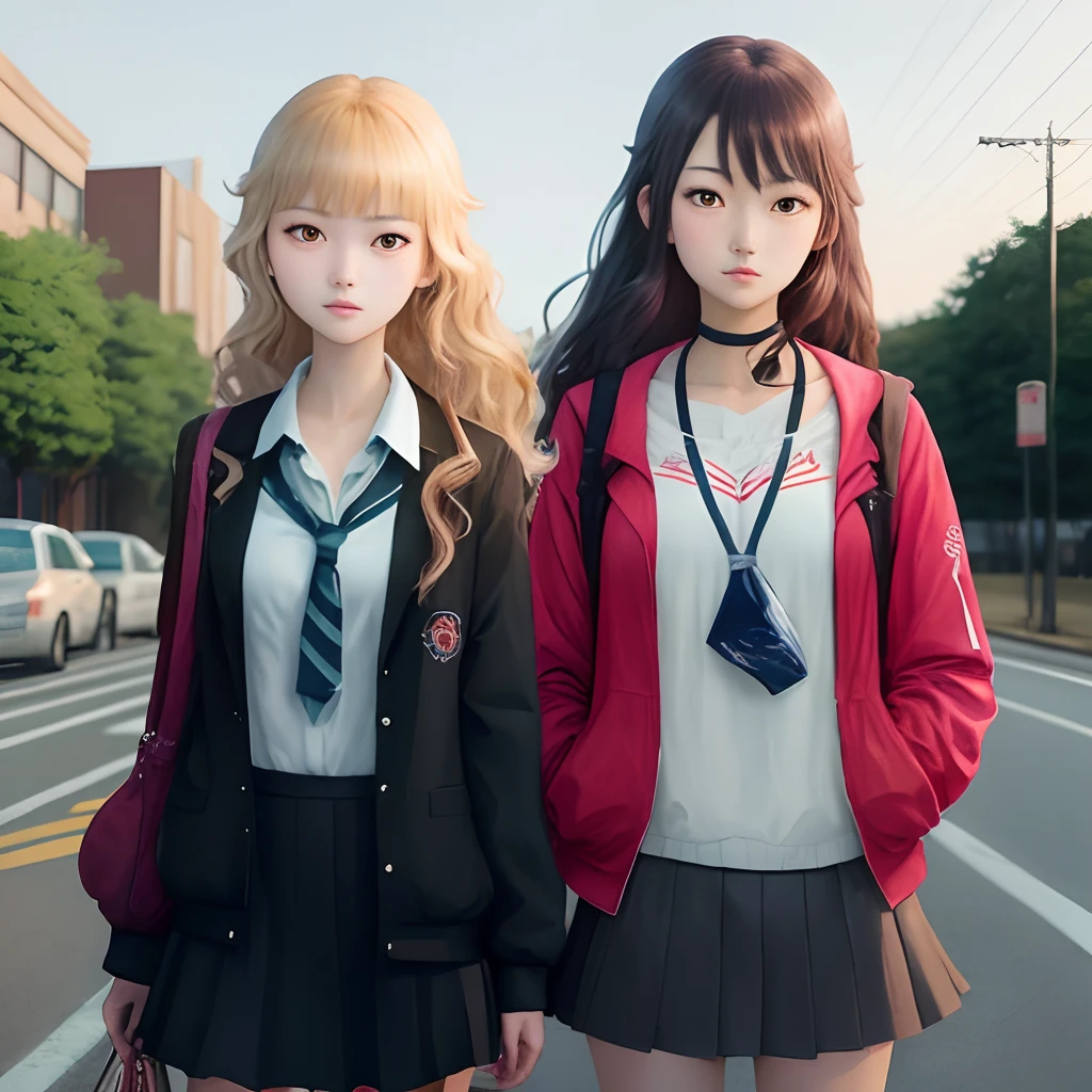 anime 2 high school girls standing side by side