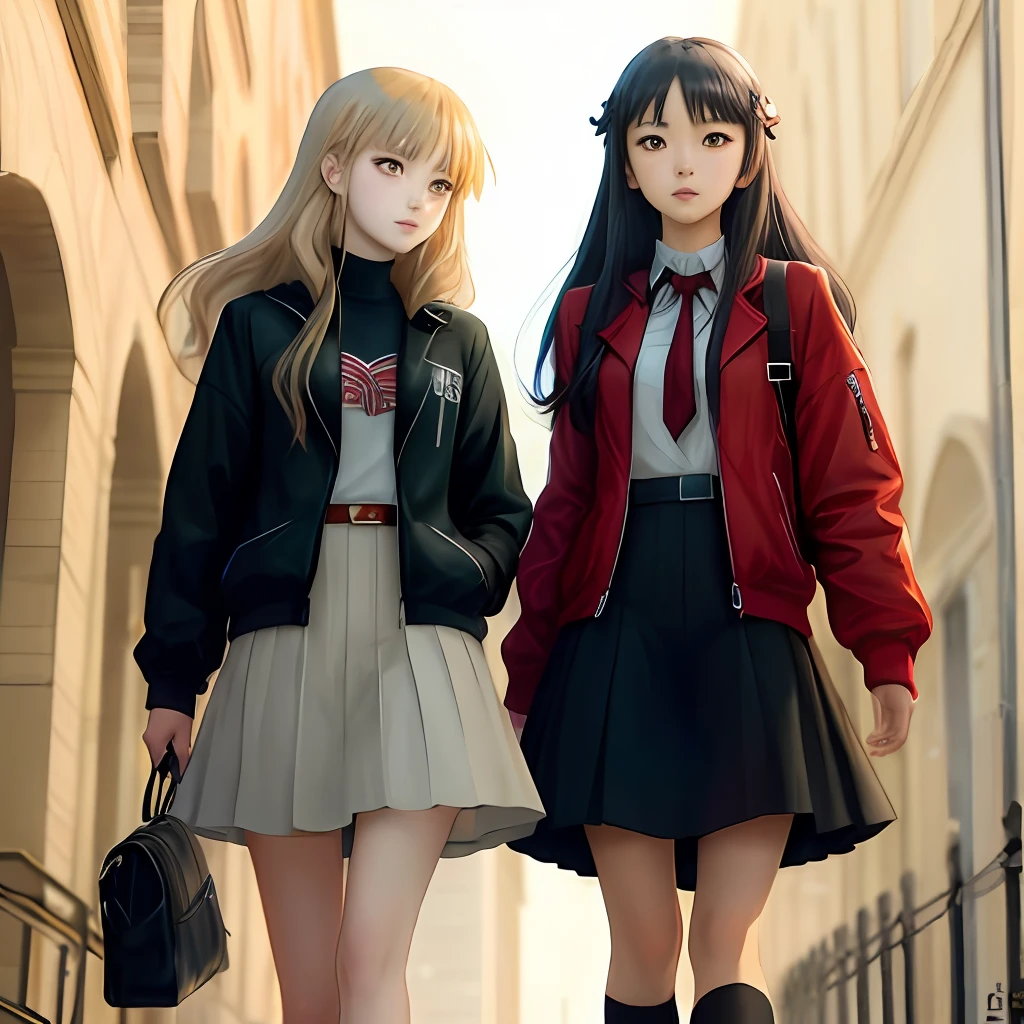 anime 2 high school girls standing side by side