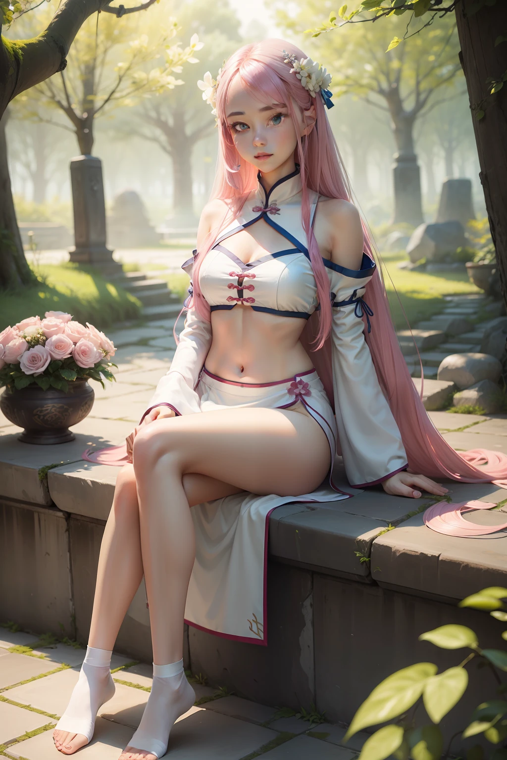 ((Masterpiece,Best quality))1girll,Look horizontally to the front, cheerfulness, The whole body,Skin whitening,Blue eyes,Thin,thigh-length,Slender waist, Long hair,Pink hair,White fern, Outdoors,White Hanfu,China style,(cropped shoulders),Exposed legs,cloudy weather,green trees, Flowers, Summer,Chinese architecture,Stone floor