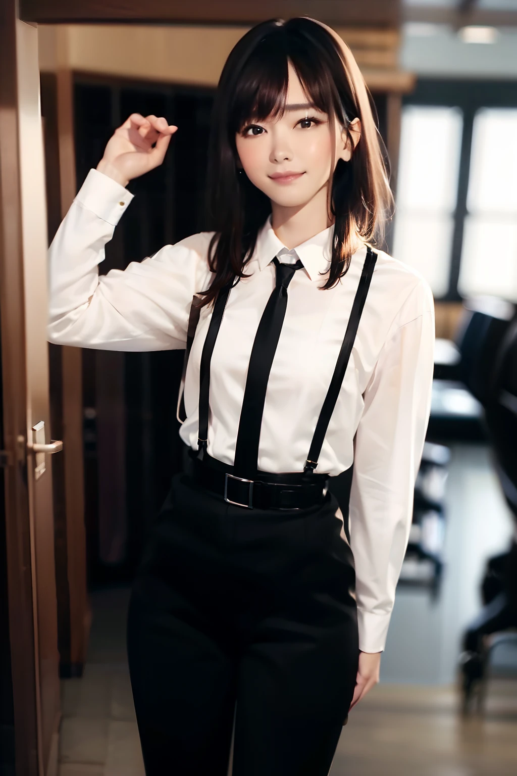 a belt　　　　　suspenders　officeworker　Black pants　neck tie　White Cutter Shirt　　　　Black stockings　　　　Brown hair　Gray eyes　black suits　holster　bobby