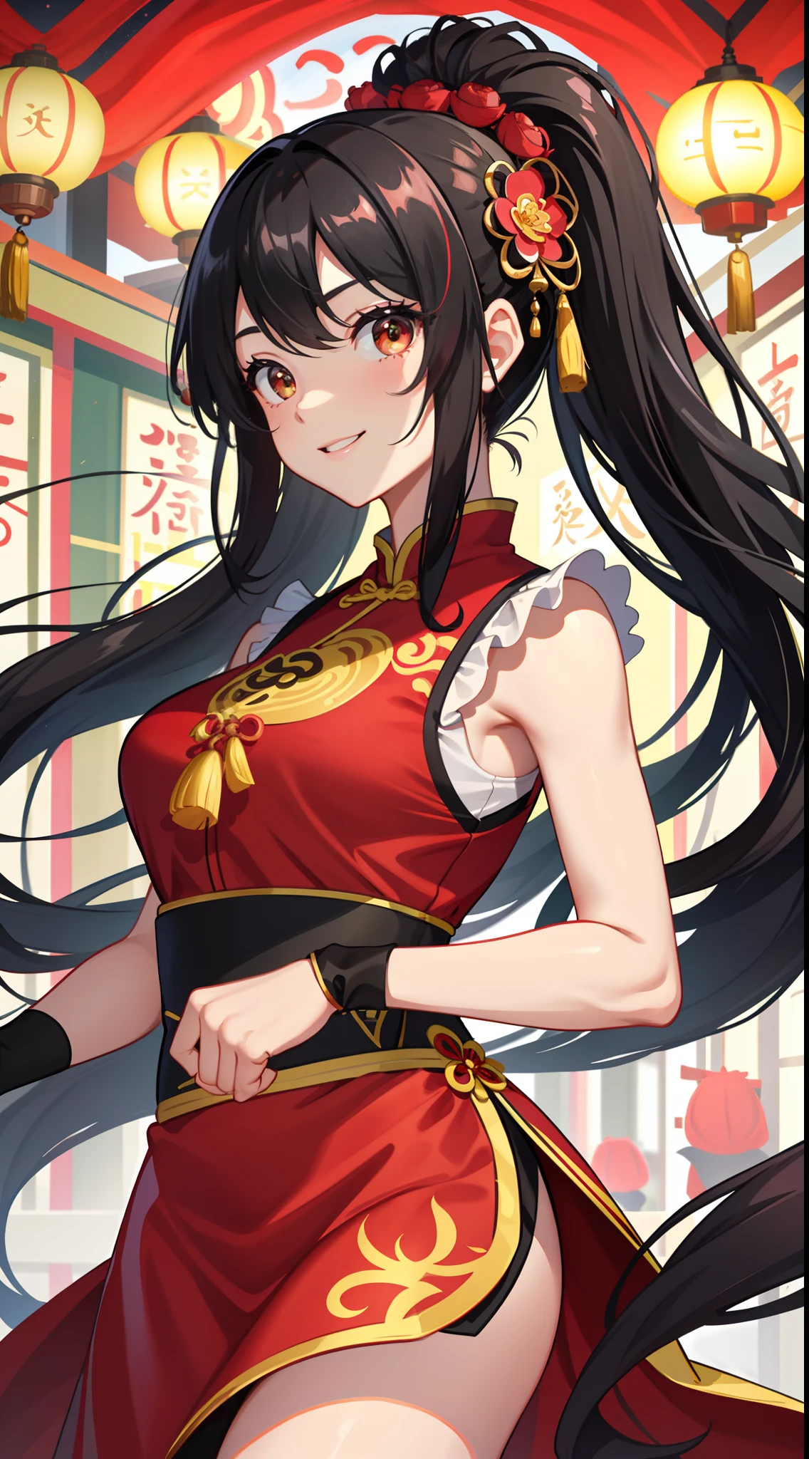 (Positive focus),best qualtiy,1个Giant Breast Girl,Very detailed faces,Red cheongsam,Black ponytail,Fringed Hair Ornament,Peony Flower Hair Ornament,ChineseGirl,Smile Expression,dynamic viewing angle,the night,Lanterns,Ancient Chinese streets,Multiple Hanfu pedestrians in the background,Award-Awarded,cowboy lens,natta,