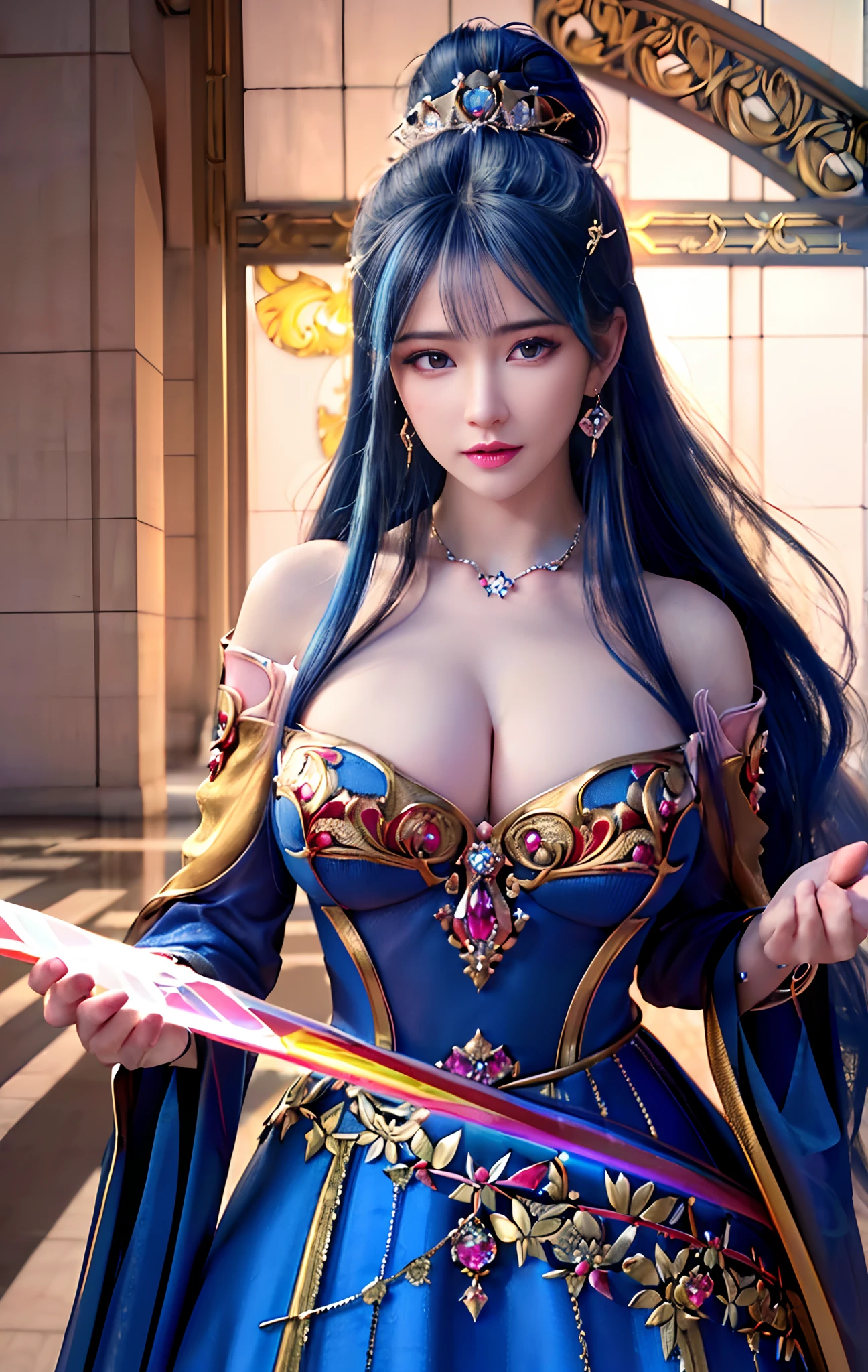 ((realisticity: 1.2)), ((realistic: 8K UHD)), ((best resolution: 8K UHD)), hyper detailed, best quality,masterpiece,highres,cg, ((1 girl hyper detailed and hyper realistic) ) , ((beautiful queen, hyper realistic and hyper detailed)),((white skin, beautiful, smooth, youthful, hyper realistic and hyper detailed )), ((Face hyper beautiful, white, hyper realistic and hyper detailed ) ), long hair, ((hyper realistic and hyper detailed dress)), solo, ((hyper realistic, hyper beautiful, beautiful and hyper detailed jewelry)), ((hyper beautiful deep red and golden yellow dress, hyper realistic and hyper detailed )) , ((Her pretty, hyper realistic, hyper detailed diamond filled earrings)), ((Her gorgeous diamond haircut, hyper realistic and hyper detailed)), ((hyper pretty upper body, hyper beautiful, hyper realistic and hyper detailed) ), ((medium breast: 1.5)), ((hyper realistic, hyper pretty, hyper detailed boobs)),   ((the backgroun of the royal palace is hyper majestic, hyper realistic and hyper detailed)),((hands and palms hyper beautiful, hyper detailed, hyper realistic)), ((hyper pretty, hyper pretty, hyper realistic and hyper detailed hair bun)), ((hyper pretty , hyper realistic and hyper detailed blue hair)), candid, Photo, high resolution, 8k , bokeh,