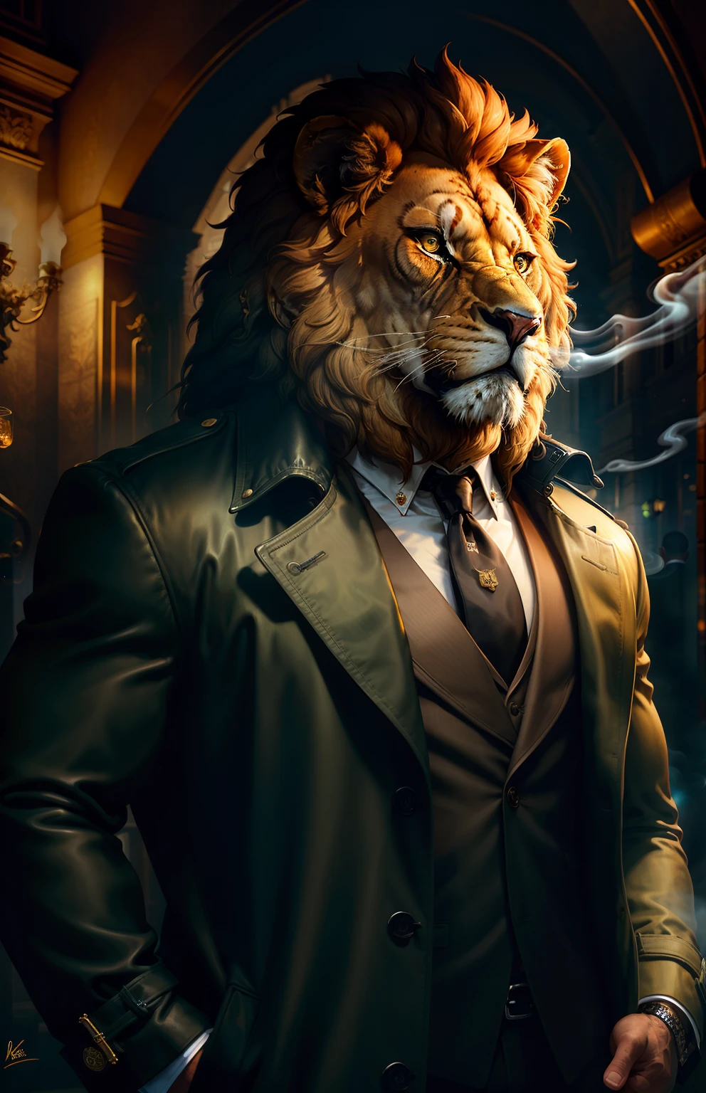 Masterpiece, (Ultra detailded), (Anthropomorphisme animal), Gangster theme, lion, beau, Trench-coat, dim lights, smoke, ombre, paysage urbain corrompu, Highest quality, Foyer unique, (skimming: 1.1), muscle man, corps entier, complexe (High detail: 1.1) Moteur Unreal.