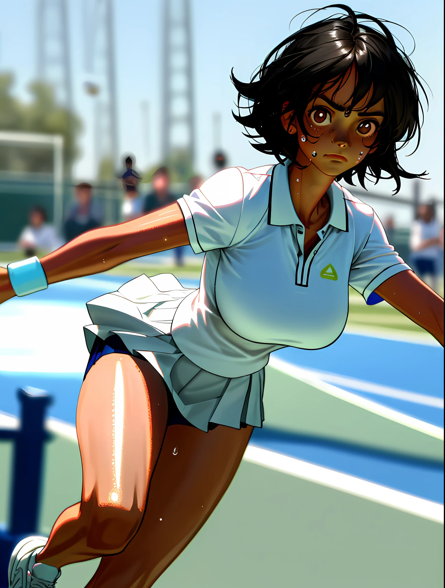 1girl, solo, white polo shirt, white sneakers, tennis wear, white mini skirt, masterpiece, best quality, realistic, ultra-detailed, (shiny skin, sweating: 1.4), ridiculous, looking at the audience, short black hair, brown eyes, slender, dynamic light and shadow, high resolution, sharp focus, depth of field, fine eyes, sharp pupils, realistic pupils, (big breasts: 1.6), (thigh thickness: 1.0), outdoor, sky