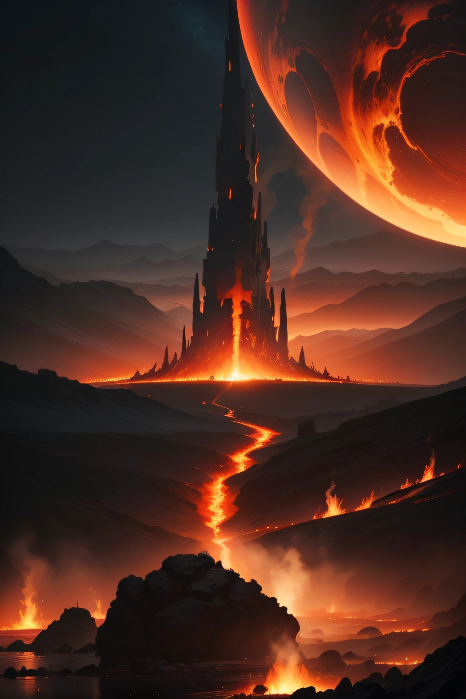 /scenery a fiery landscape of a burning hell reminiscent of the game Diablo. The camera, equipped with a Nikon D850 and a Sigma 50mm f/1.4 DG HSM Art Lens, captures the intense and chaotic scene. The shot is a medium shot, focusing on the vast expanse of lava-covered ground stretching as far as the eye can see. The flames in the sky create an ominous glow, casting an eerie light on the surroundings. The high-resolution image, rendered with Octane render and Unreal Engine 5, showcases the intricate details of the molten lava, with its flowing streams and glowing embers. The landscape is populated by a relentless army of monstrous creatures, their twisted forms silhouetted against the fiery backdrop. They scream and howl, creating an atmosphere of terror and chaos. The HDR rendering brings out the vibrant colors and contrasts, heightening the visual impact. This photorealistic depiction of a burning hell captures the essence of the game Diablo, immersing the viewer in a world of darkness and danger.