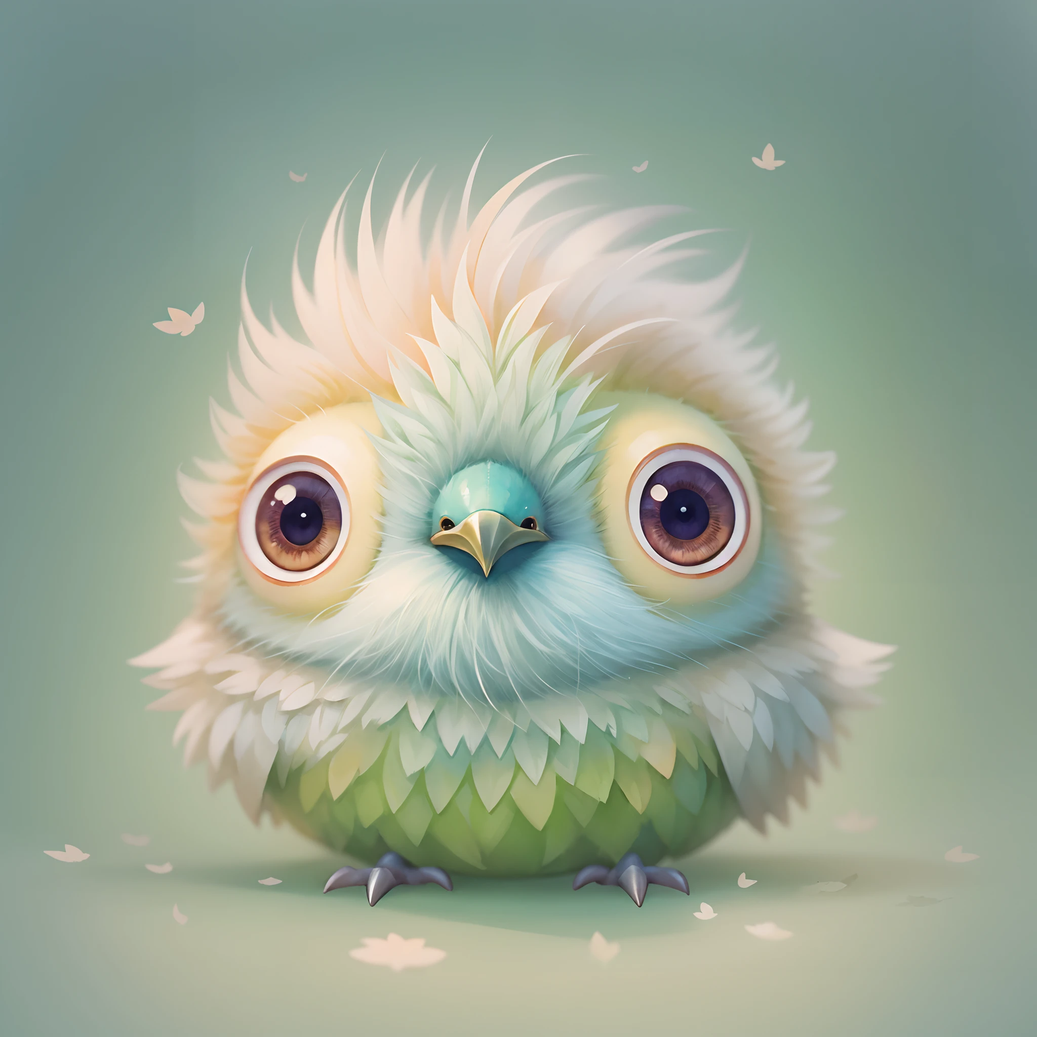 digital Illustration of a cute stylized fantasy baby bird character,Front View, style of studio ghibli, fluffy, Photoreal rendering,pixar style, ultra detailed, Intricate, full shot, full body shot, front view, by Anne Stokes, facing toward camera, front angle, very big and cute eyes, big peak, centered, adorable, loish, cute and quirky, watercolor effect, retro aesthetic, lovely, whimsical, smooth, soft lighting, detailed Illustration, 3d vector art, t-shirt design, pastel tetradic colors, graffiti effect,bird's eye