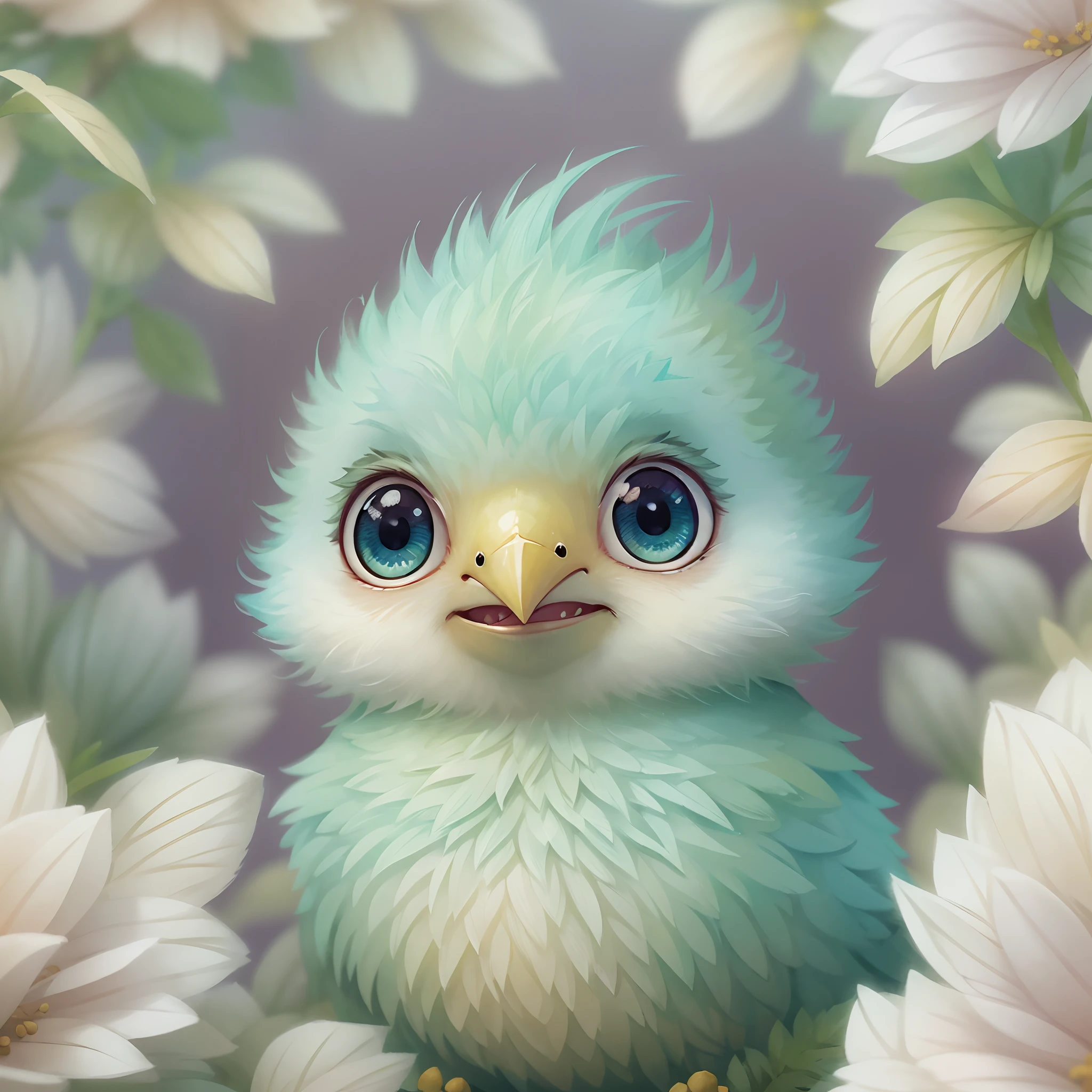 digital Illustration of a cute stylized fantasy  bird character,Front View, style of studio ghibli, fluffy, Photoreal rendering,pixar style, ultra detailed, Intricate, full shot, full body shot, front view, by Anne Stokes, facing toward camera, front angle, very big and cute eyes, big peak, centered, adorable, loish, cute and quirky, watercolor effect, retro aesthetic, lovely, whimsical, smooth, soft lighting, detailed Illustration, 3d vector art, t-shirt design, pastel tetradic colors, graffiti effect,bird's eye