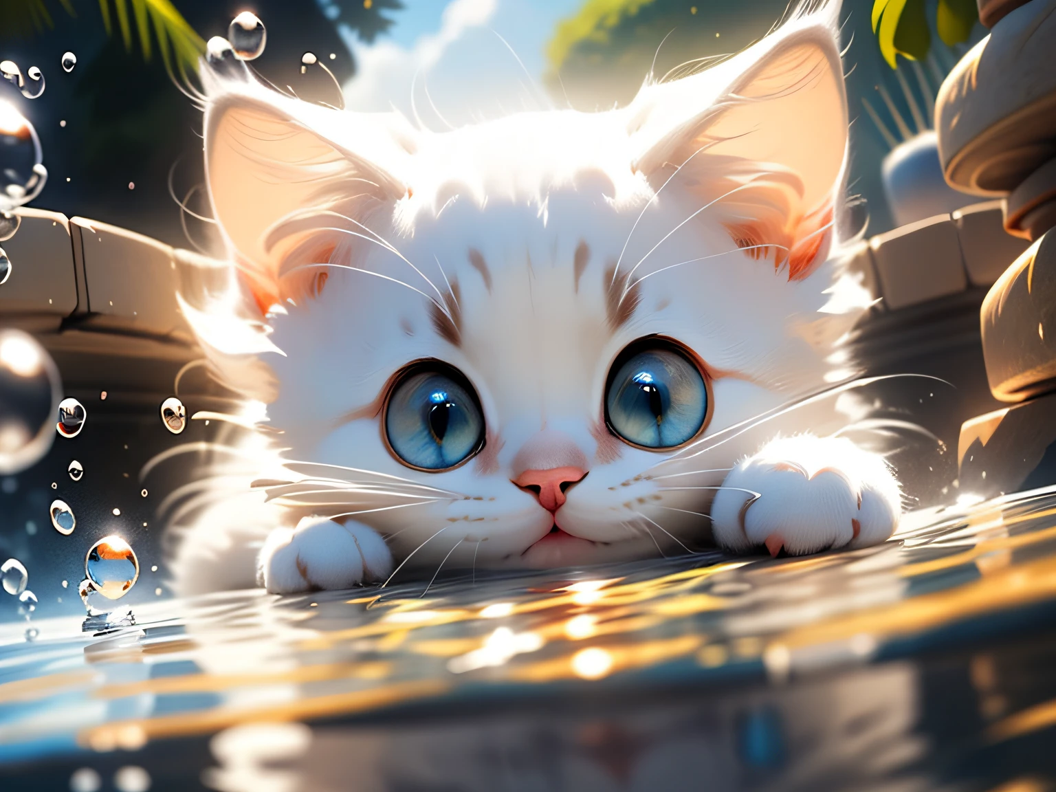 Cute white kitten，shaggy，realisticlying，Best picture quality，Water surface reflection，eBlue eyes，red small fishes，eyeline