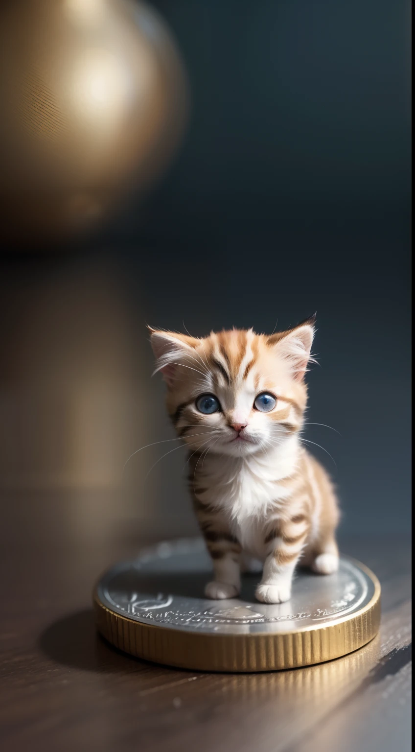 masterpiece, best quality, A super tiny mini kitten on a coin. photo real,classic composition,masterpiece,exquisite,color correction,amazing visual effects,crazy details,intricate details,sharp focus,HD,8k