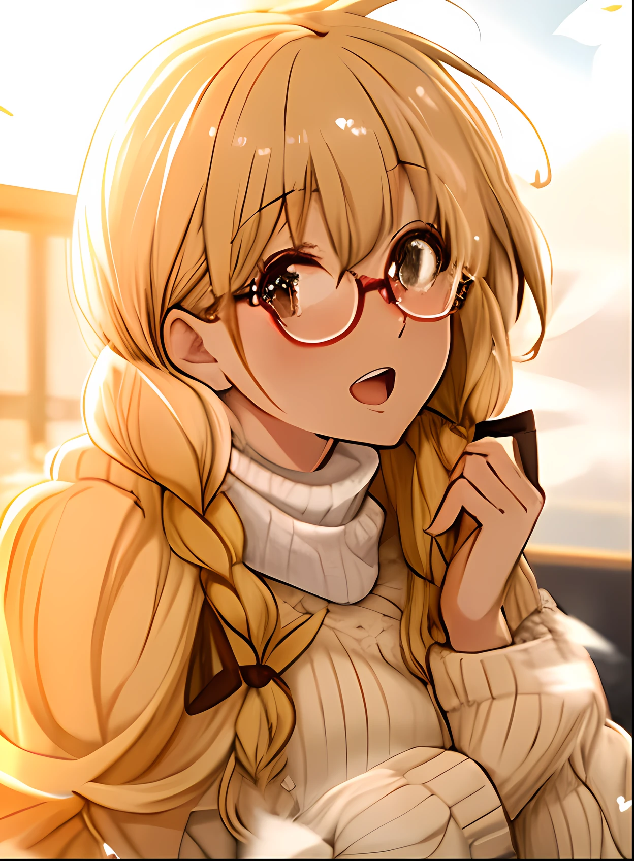 a girl, cosy sweater on, upper body, (huge Laughing:0.4), (open mouth:0.7), (wide open eyes:0.6), depth of field, blurry background, light particles, strong wind, (heart particles:1.1), ((glasses)), blonde hair, long hair, masterpiece