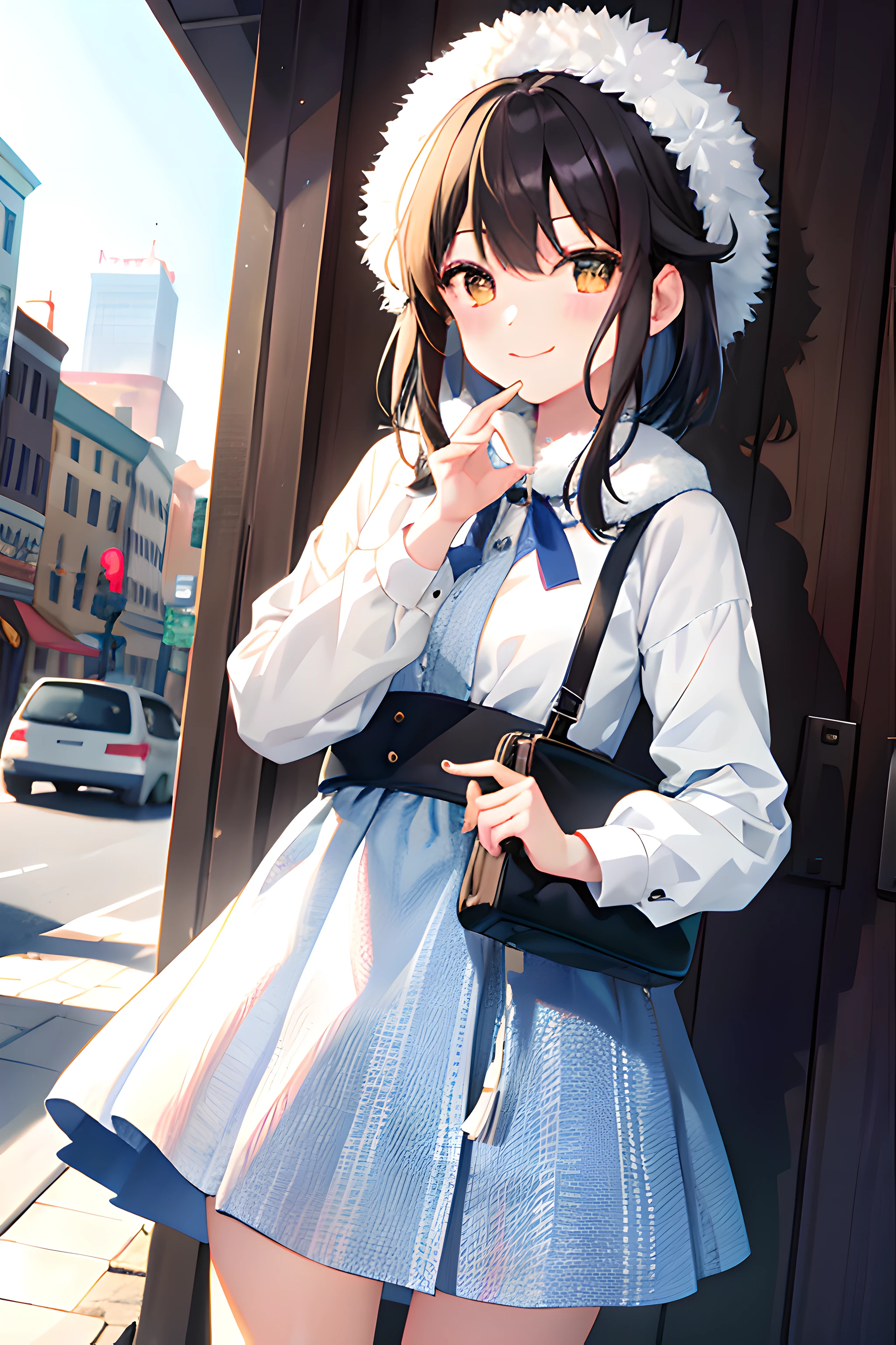 (morning), 1girl, 独奏, 看着观众, winter, cowboy shot, (downtown), cowboy shot, smile, black hair