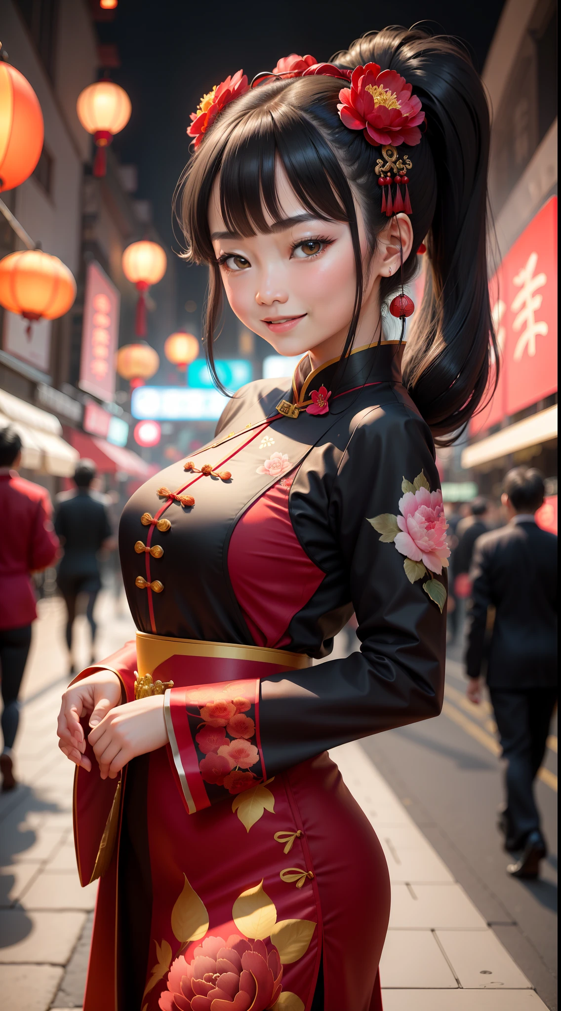 (Positive focus),best qualtiy,1个Giant Breast Girl,Very detailed faces,Red cheongsam,Black ponytail,Fringed Hair Ornament,Peony Flower Hair Ornament,ChineseGirl,Smile Expression,dynamic viewing angle,the night,Lanterns,Ancient Chinese streets,Multiple Hanfu pedestrians in the background,Award-Awarded,cowboy lens,natta,
