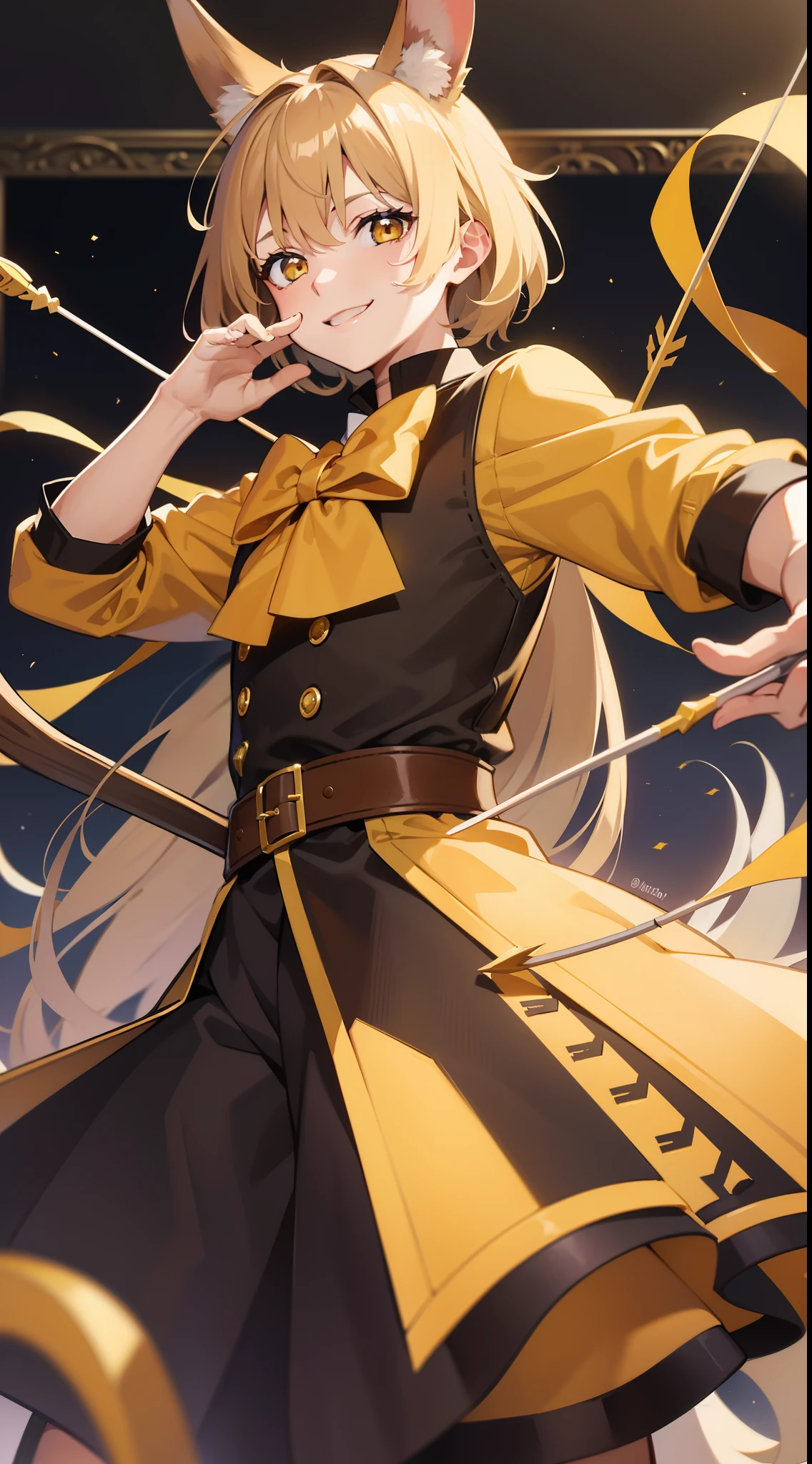 Young guy, brown hair with blonde strands, Yellow eyes, brown rabbit ears, Smile, Bow and arrow, Masterpiece, hiquality